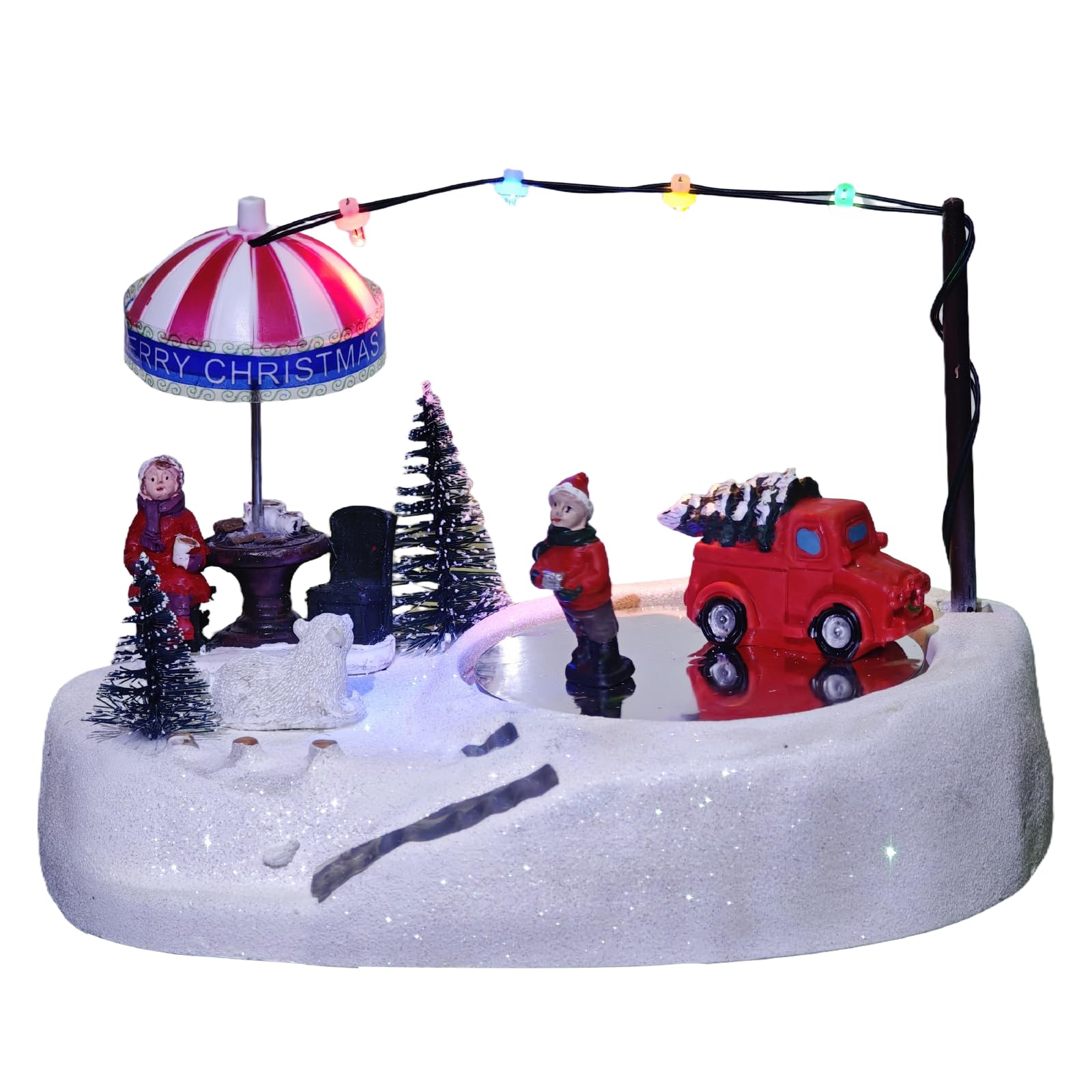 Patinoire pour village de Noël - Décoration musicale animée avec statue mobile en résine peinte à la main - Multicolore - Étang de Noël avec lumières LED