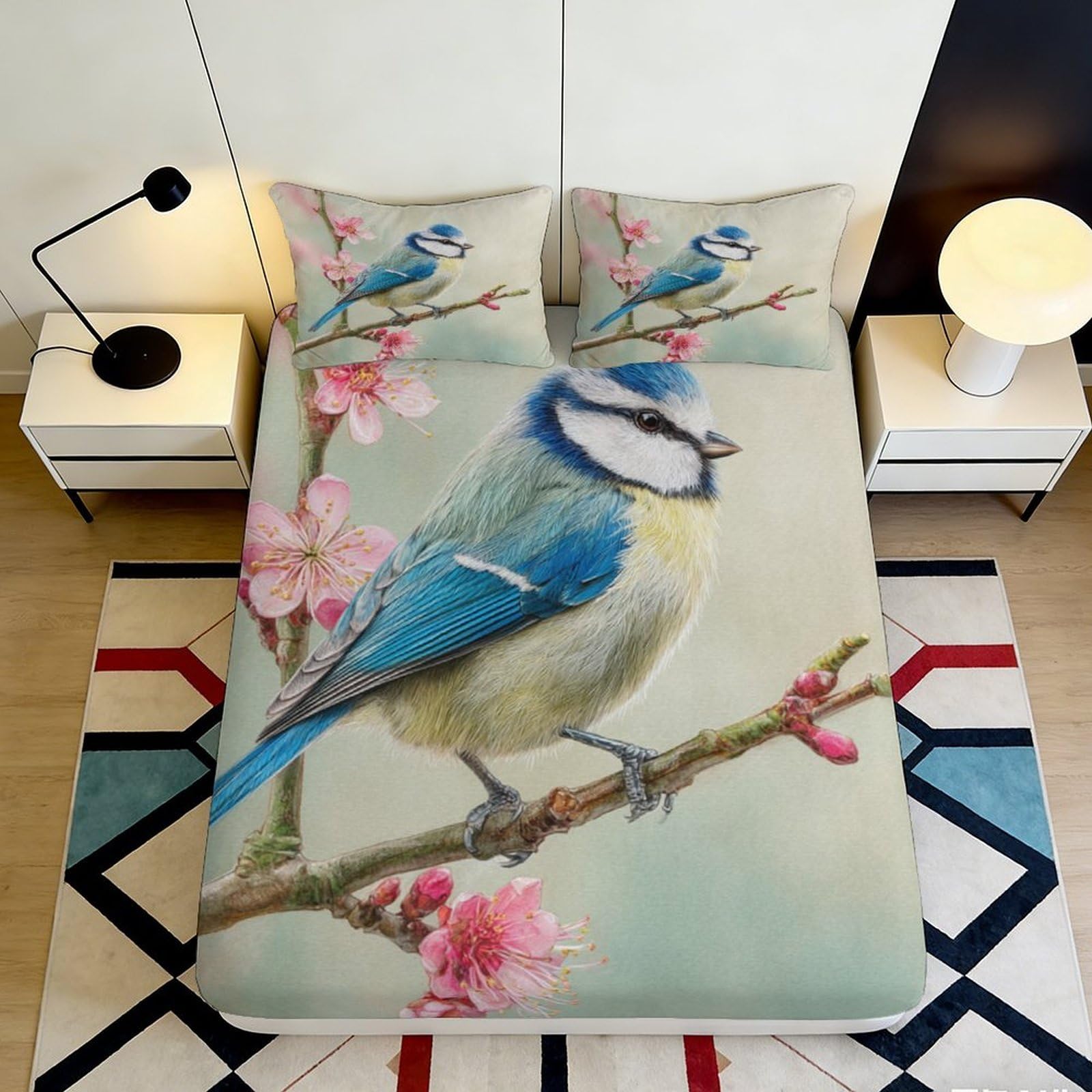 Jqzkxnhpbr Style-6 3D Printed Blue Bird Blossom Fitted Sheet Microfiber Soft Spring Branch Mattress Cover For Bedroom Decor Protection 90X200x25cm