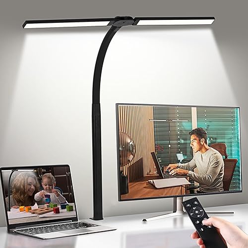 Lámpara LED de escritorio para oficina en casa, luz de computadora regulable con abrazadera, lámpara de estudio de doble cabezal de 24 W 5 colores