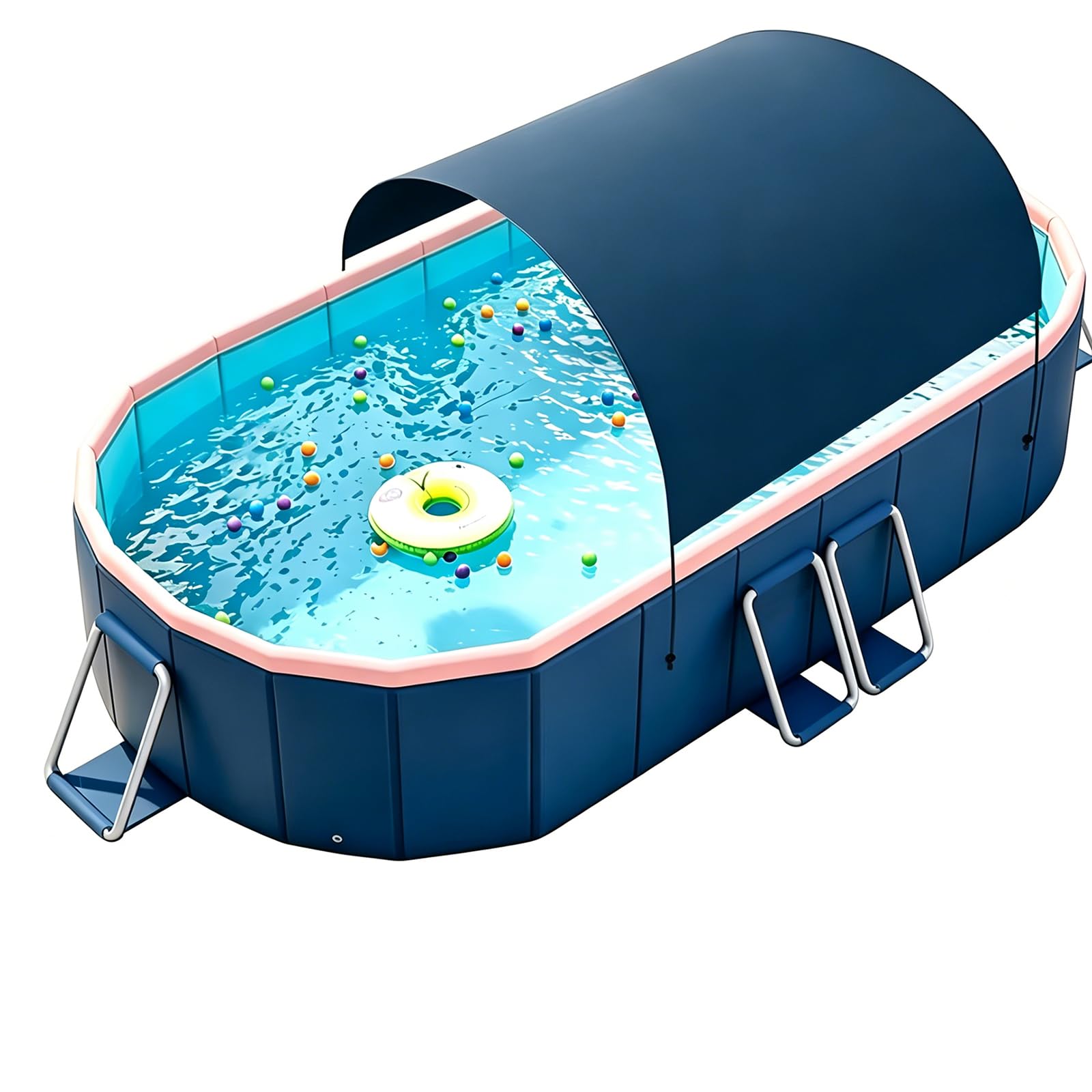 Piscina Pieghevole, Rettangolare Fuori Terra con Tettuccio Parasole – Non Gonfiabile, Telaio in Acciaio, PVC Resistente, Piscina per Cani per 1-6 Persone, Adulti & Animali