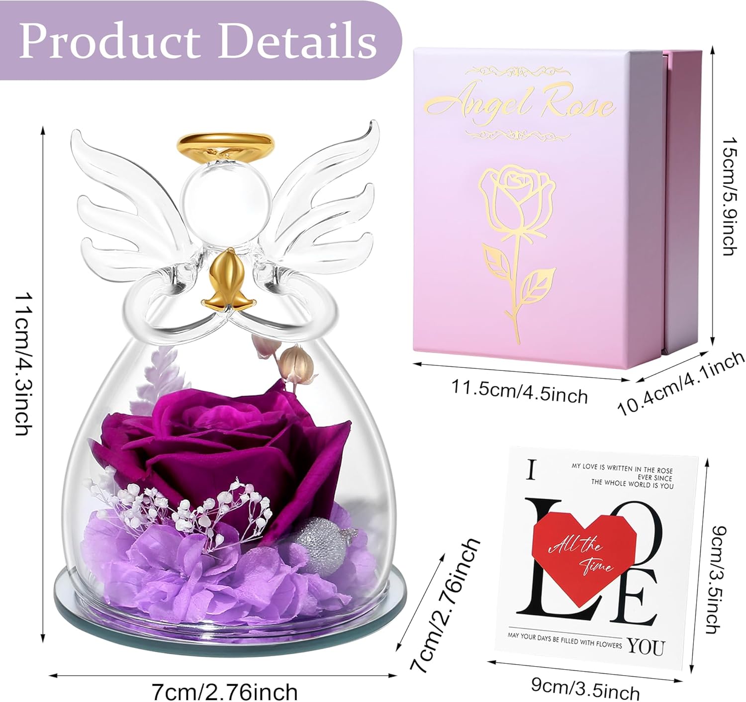 Purple Valentines Day Rose Gifts for Her, Preserved Rose in Glass Dome Angel Figurine Birthday Gift for Women, Valentines Angel Mothers Day Rose Gift for Mom Grandma - Image 2