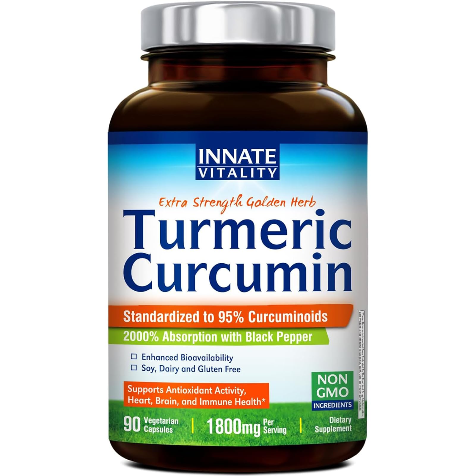 Turmeric Curcumin, 1800mg per Serving, Turmeric Curcumin Supplement, 95% Curcuminoids, Advanced Absorption with Black Pepper, Non-GMO, No Gluten, Joint Support, 90 Vegan Caps