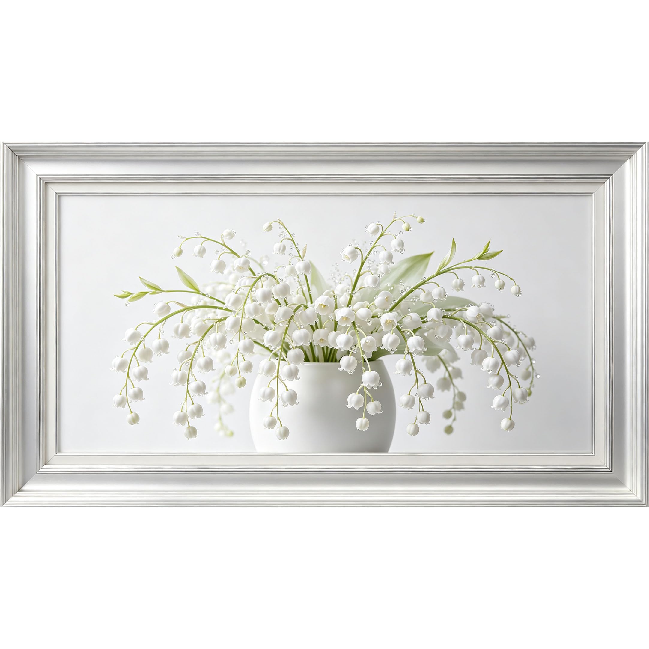 QZLITHOTIC 50x90cm3D Framed Wall Art， White Lily of the Valley Botanical Self‑Adhesive Mural， Water‑Activated Peel & Stick Fabric Decor Wall Decal for Bedroom Living Room