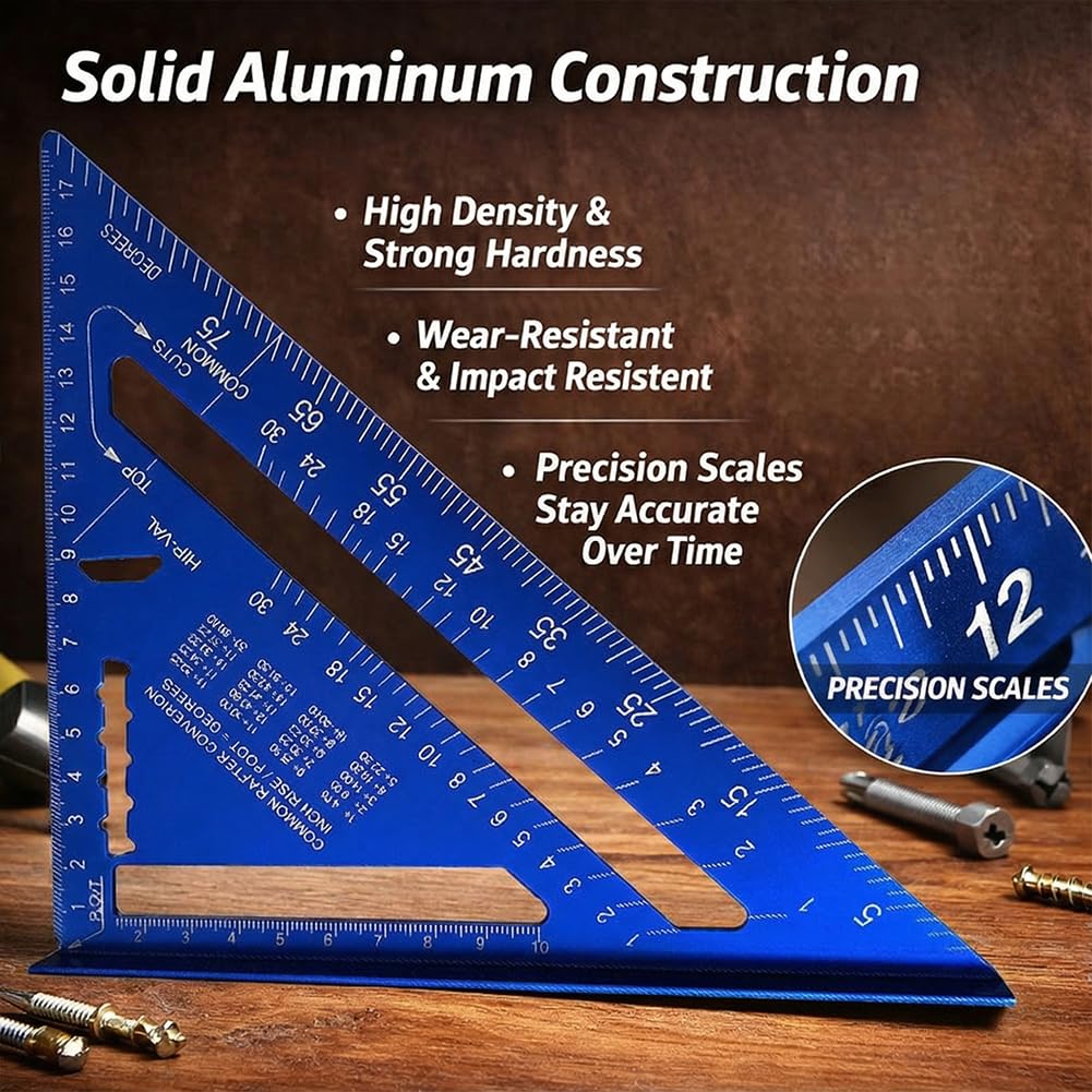 7 Inch Aluminum Rafter Square, Triangle Carpenter Square with Laser-Etched Markings, Hardened Lightweight Tool for Woodworking, Carpentry, Roofing & DIY Projects/Blue