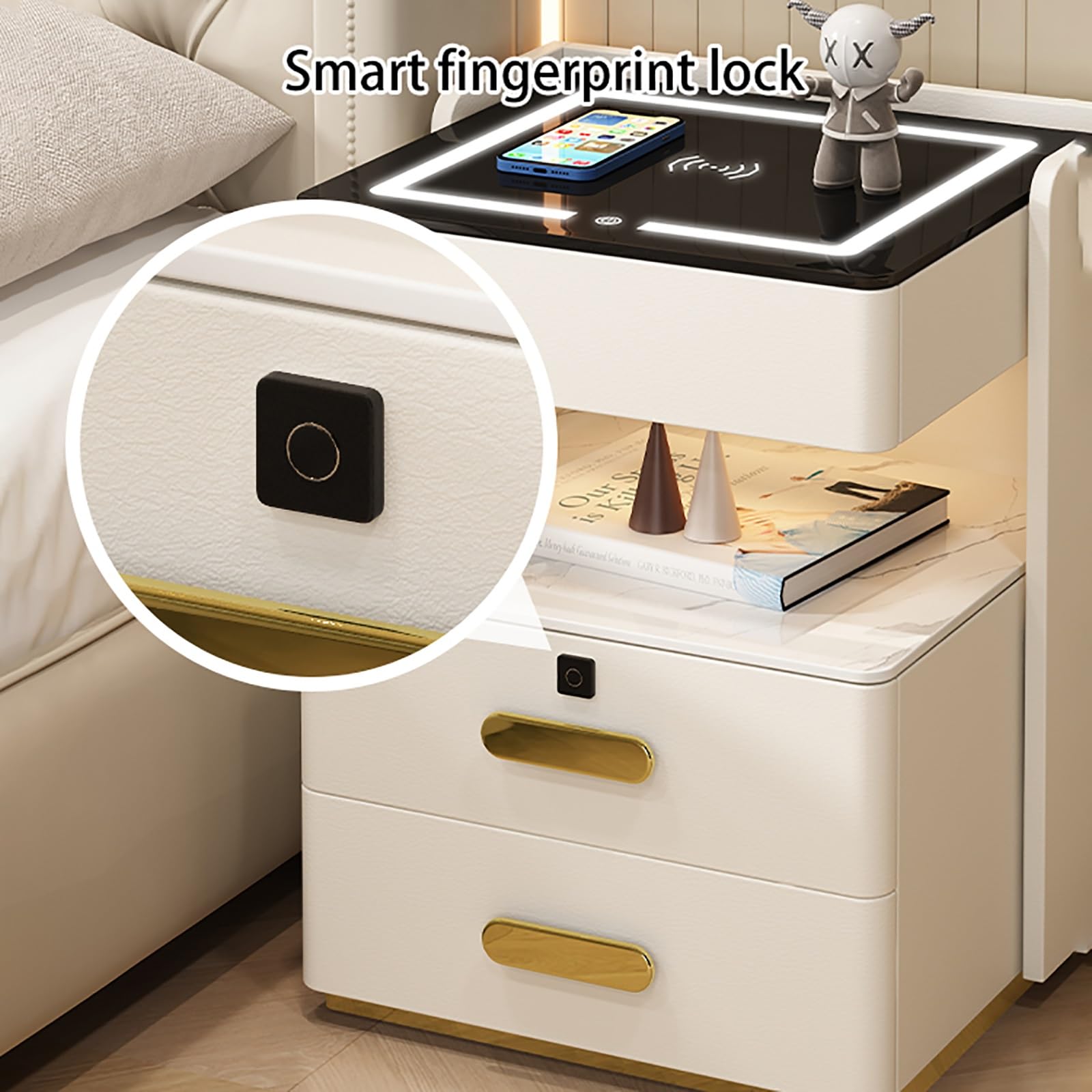 HOMMPA Comodino Con Luci LED E Stazione Di Ricarica, 2 Cassetti E Ripiano, Finitura Lucida Bianco Marmo, Per Camera Da Letto - 2