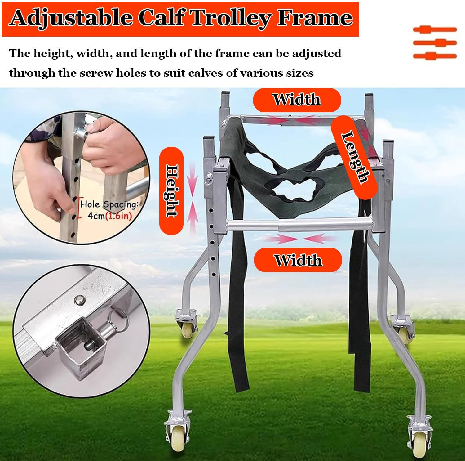 Adjustable Calf Standing Support Trolley with 4 Wheels, Detachable Mobility Assist Bracket for Cattle Recovery - Ideal for Farms & Clinics, Enhancing Calf Mobility