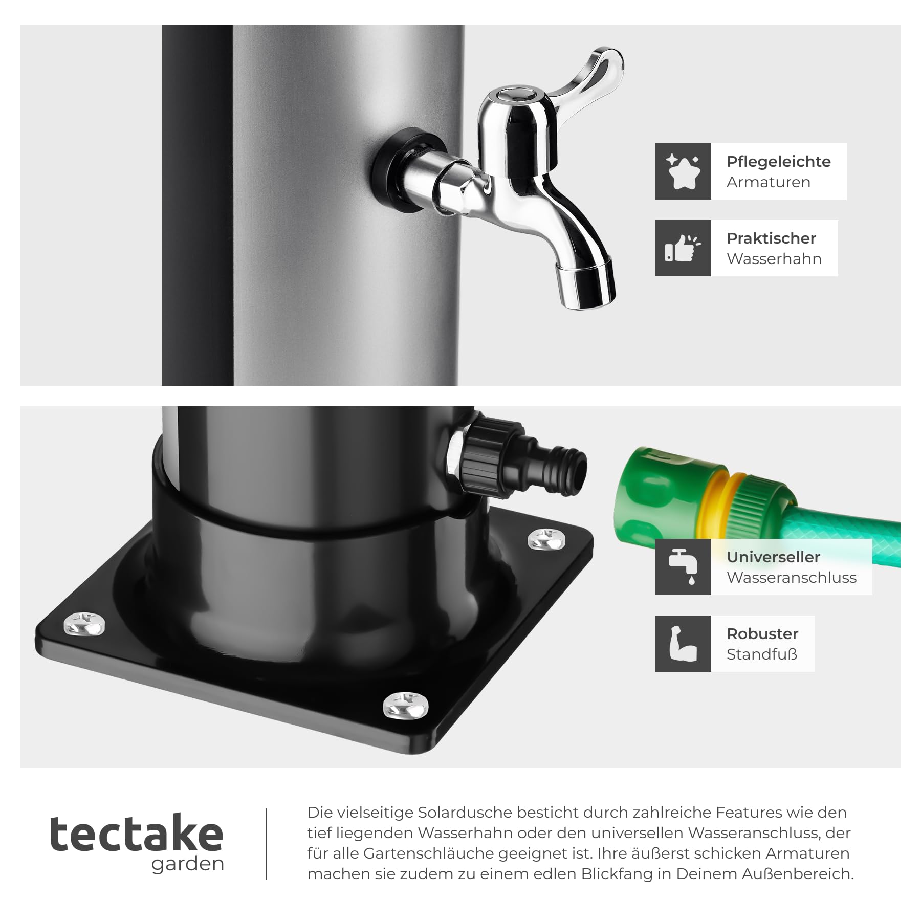 TecTake® Solardusche 20 l, bis 60° C warmes Wasser, drehbarer Regenduschkopf, Einhebelmischbatterie, Gartenschlauchanschluss, Schutzhülle, Warmwasser, Außendusche, Campingdusche - schwarz/Silber