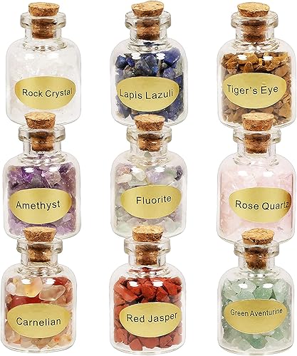 mookaitedecor Juego de mini botellas de cristal con 7 chakras de cristal con piedras preciosas de cristal y piedras de reiki curativas