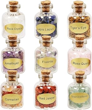 mookaitedecor 9pcs Mini Glass Wishing Bottles Tumbled Gemstone Crystal Chips Healing Reiki Stones Set