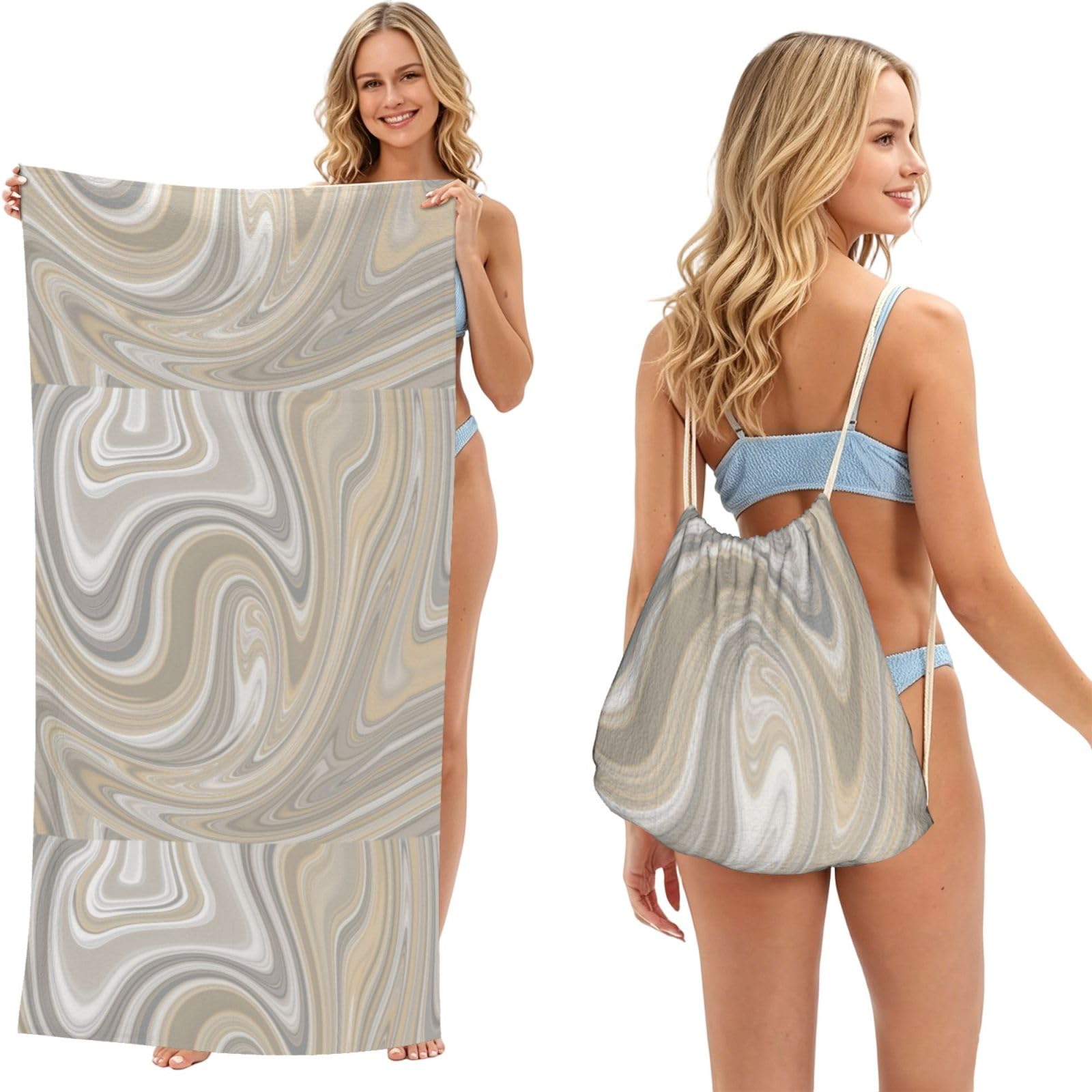 Poadnly As Picture Beige And Gray Swirls Neutral Decor, 2 In 1 Packable Towel Bag, Beach Towels With Drawstring Backpack For Travel Holiday Camping