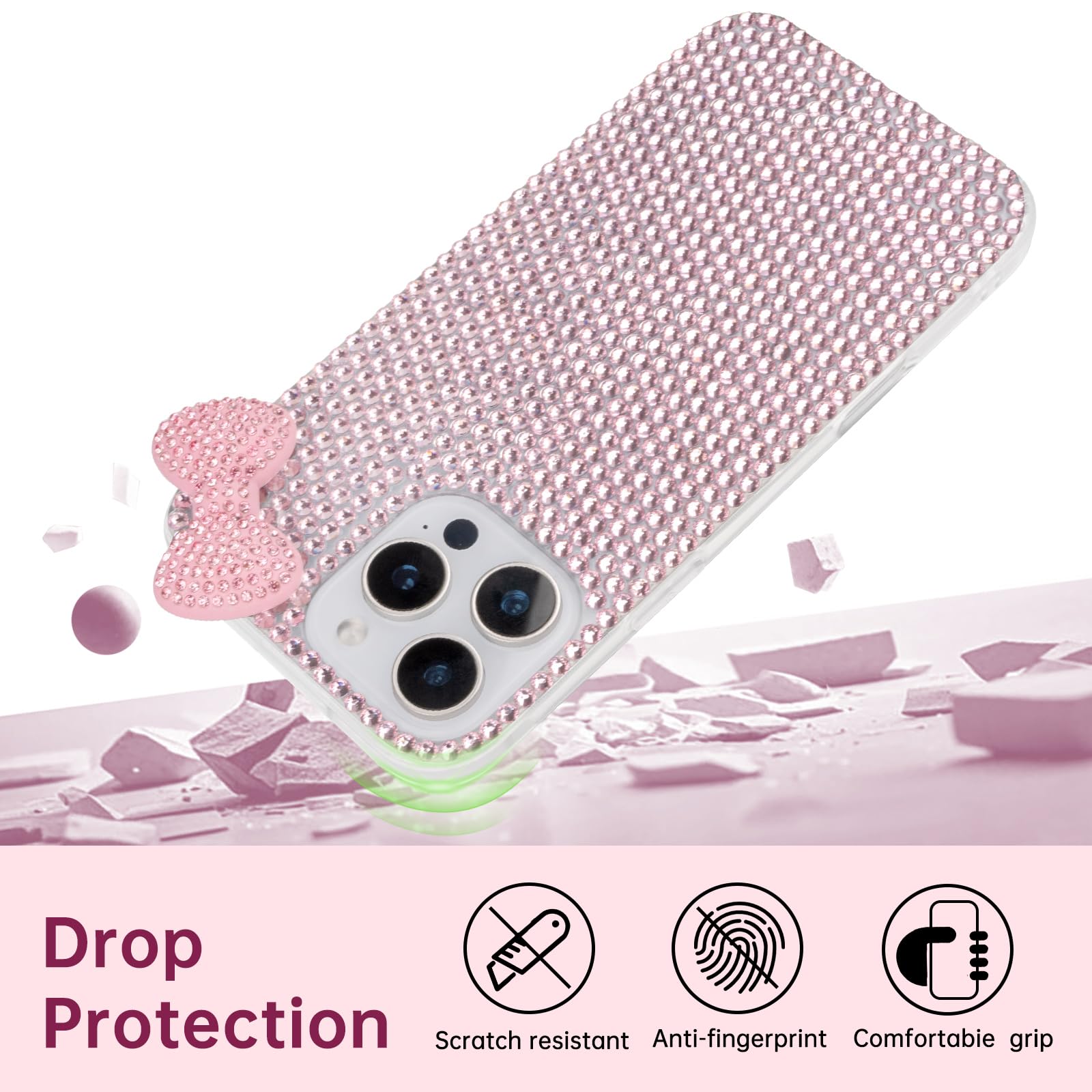 Niedliche Schutzhülle für iPhone 11, 15,4 cm (6,1 Zoll), mit HD-Displayschutzfolie, rosa Glitzer, Strass, Schleife, Handyhüllen, glitzernd, transparent, stoßfest, für Damen, Mädchen und Kinder