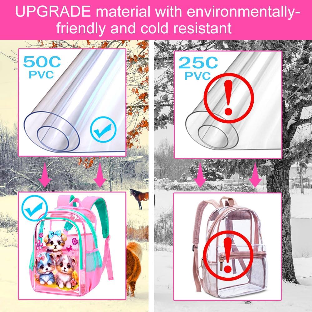 Clear Backpack for Girls and Boys, Kids Transparent Bookbag, 3PCS Cute See Through School Bag for Elementary Prechool