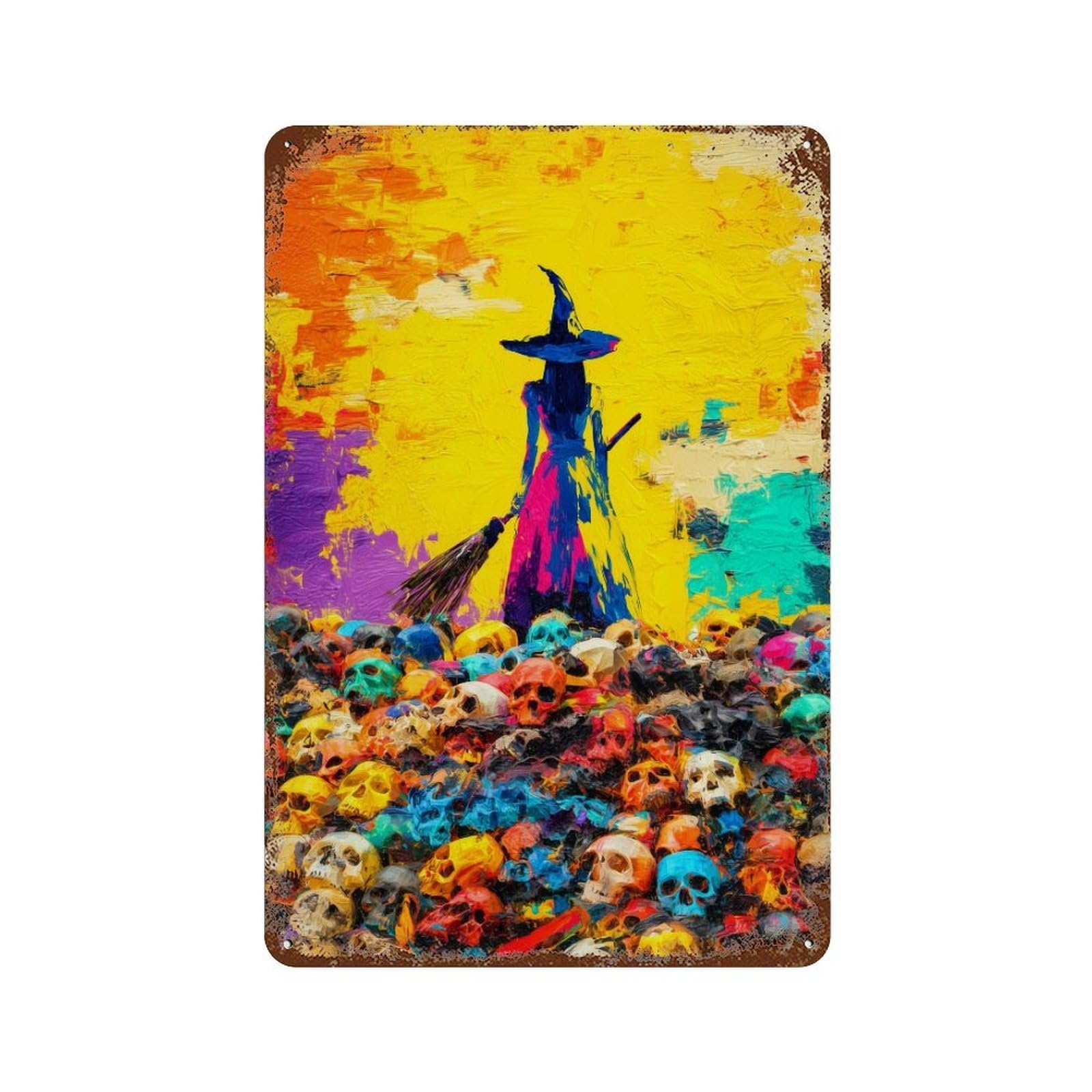 Colorful Witch Painting Distressed Metal Wall Sign 11.8"x7.9", Shabby Chic Decor for Garage, Pub Or Kitchen
