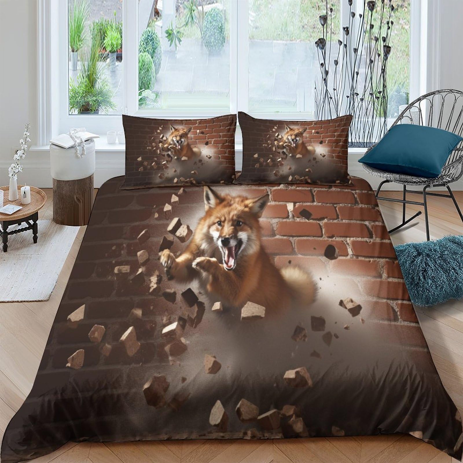 Housse de couette 200x200 fox respirante et parure de lit 3 pièces anti-plis