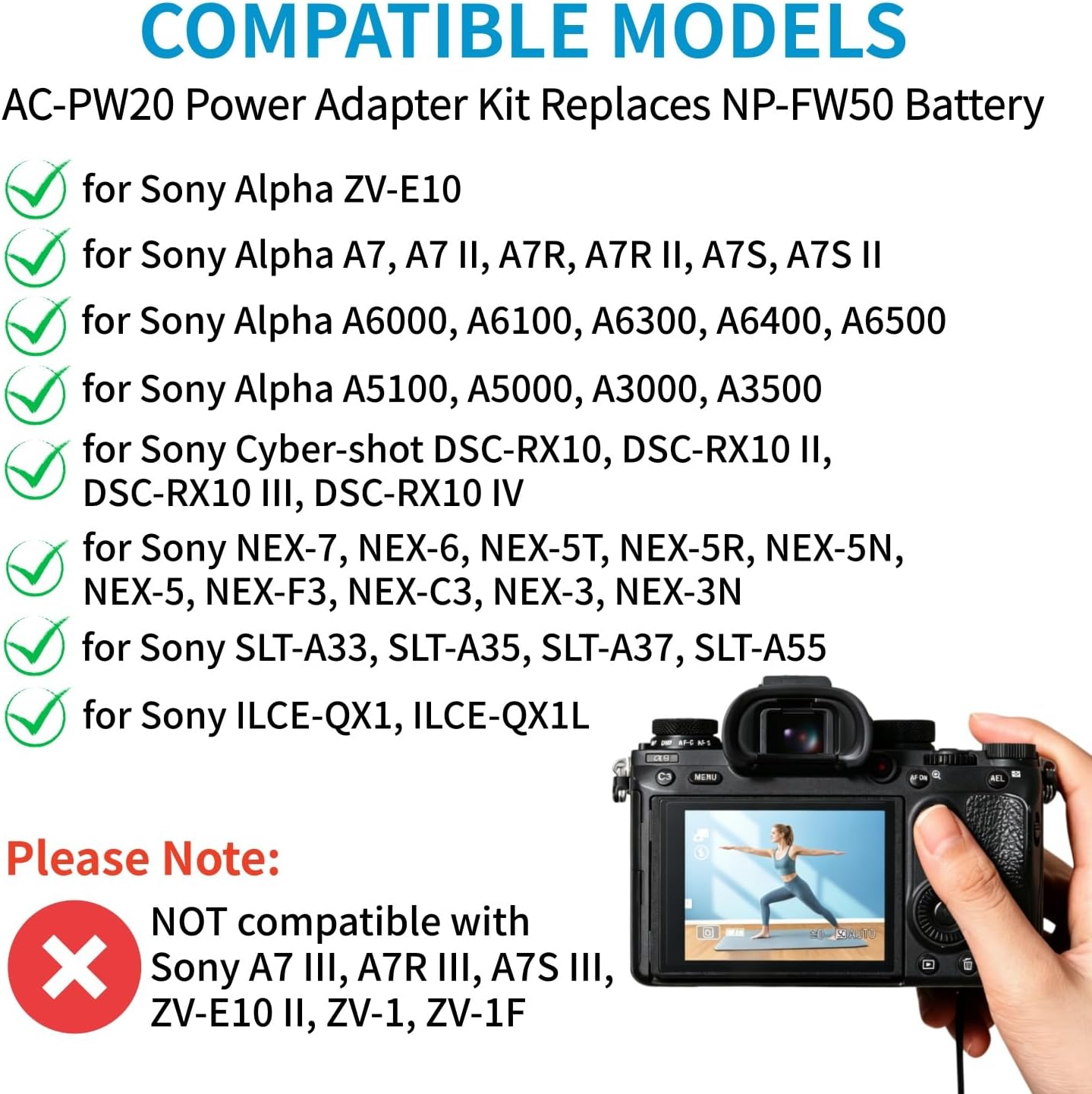 Kimaru NP-FW50 Dummy Battery AC-PW20 Power Supply Adapter Kit for Sony ZV-E10 A6400 A6000 A6100 A6300 A6500 A7 A7R A7II A7RII A7S A7SII A5100 A5000 RX10II RX10III RX10IV Cameras image 2