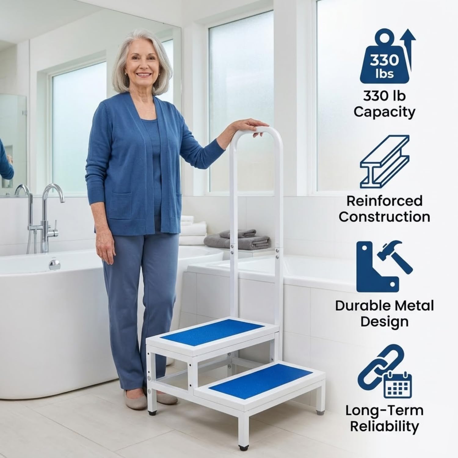 Double Step Stool with Safety Handrail, Anti Slip 2 Step Bath Step, Heavy Duty Metal, Non-Slip Feet, 330 lb Capacity, for Bathroom, Kitchen, Seniors