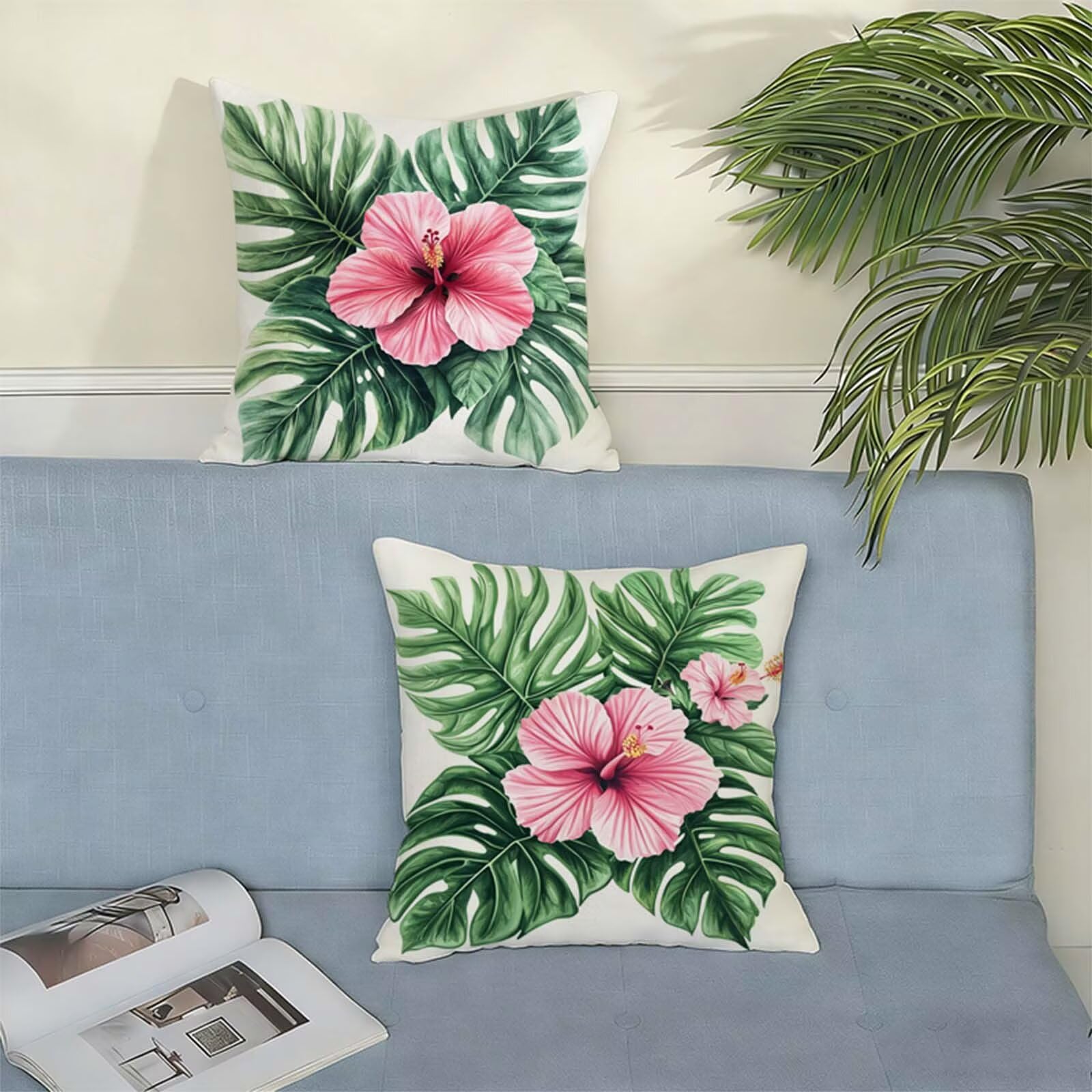 Fundas Cojines 80 x 80 CM Flor Juego de 2,Impermeable Exterior Funda Cojin Lino,Cómodo Transpirables,Antimanchas y Durable Funda de Cojines Rural para Primavera Salón,Dormitorio Decoración Hogar X-348