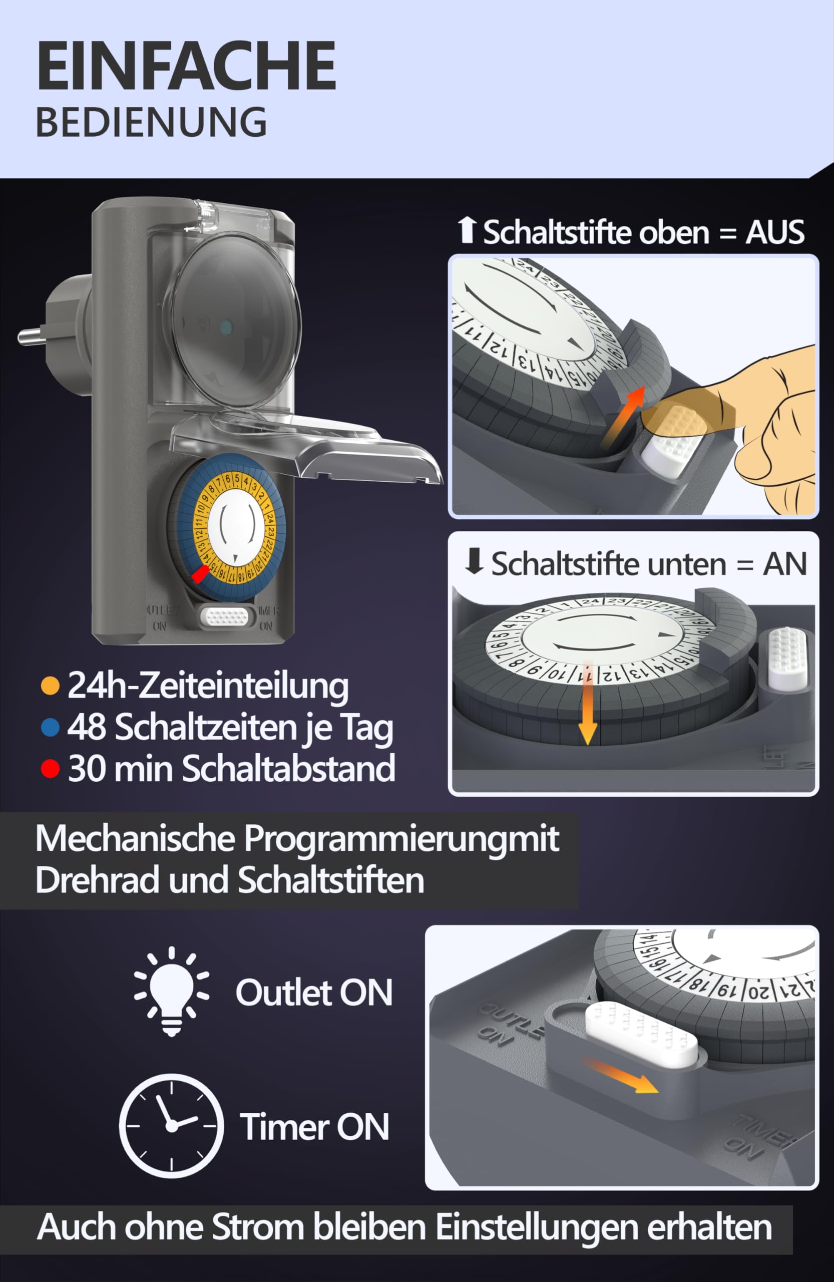 Premium Zeitschaltuhr Aussenbereich - 1 Stück - Zeitschaltuhr Steckdose außen IP44, mechanischer Zeitschalter analog außen - Outdoor Timer, Zeitschalter für Steckdose außen, hohe Schaltleistung
