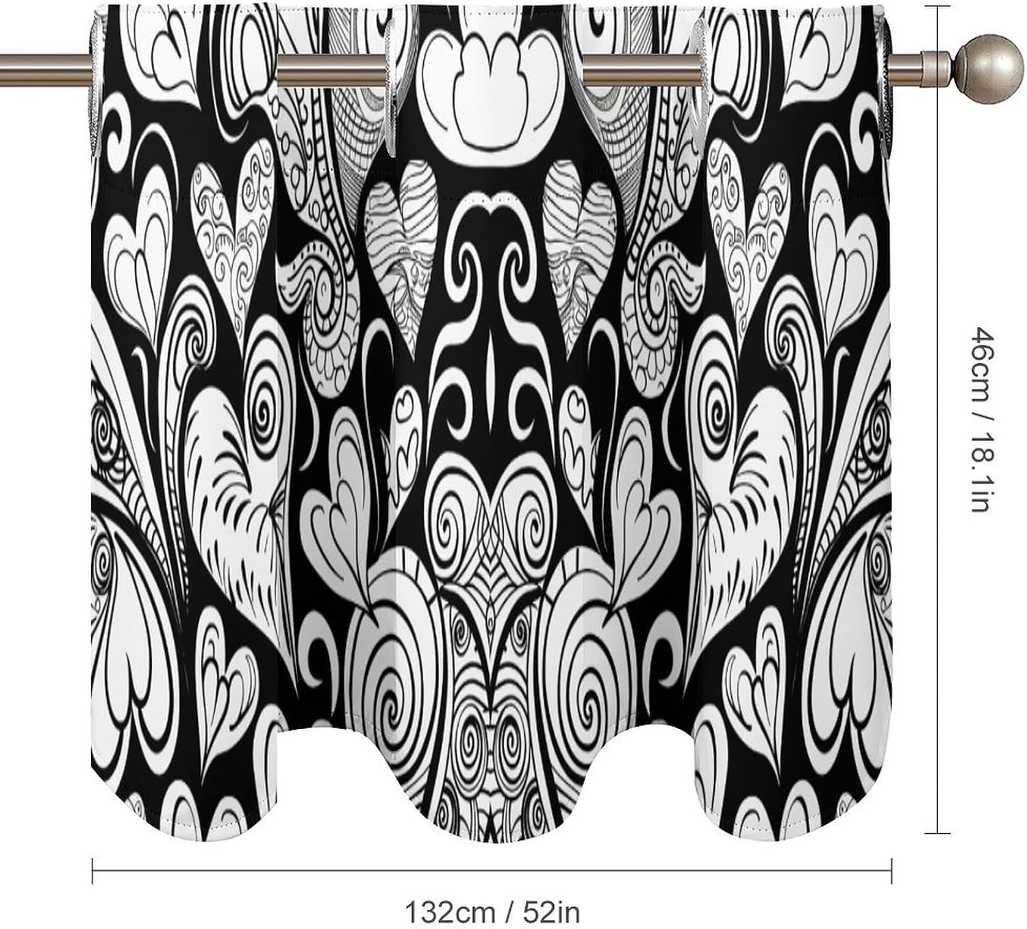 Heart Shapes and Swirls Valance for Windows, 2 Pack Kitchen Curtains Modern Home Decor, Soft Blackout Window Curtains for Living Room & Bedroom, 18 X 52 Inch