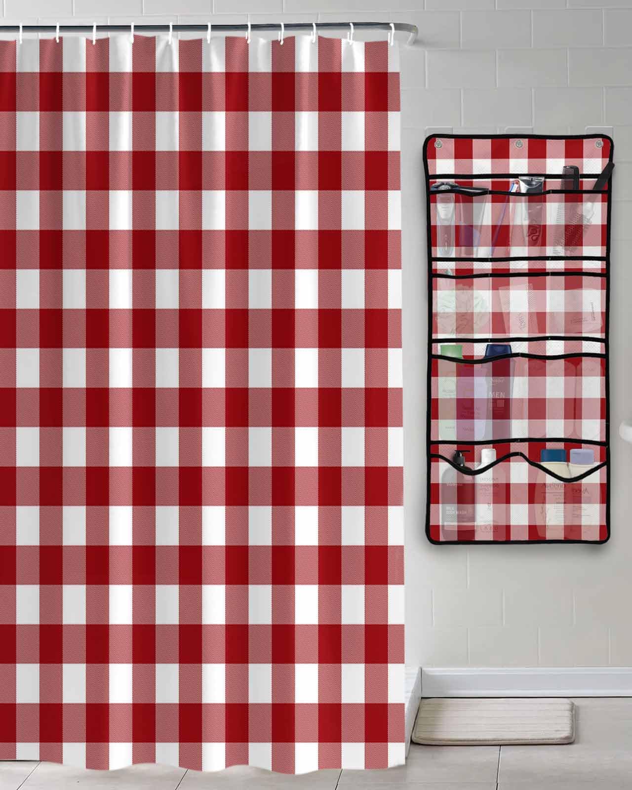 Shower Curtain Mesh Shower Organizer Hanging Set Rustic Red and White Buffalo Plaid Waterproof Shower Curtains with 10