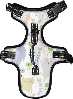 Colorful Seamless Funny Cats and Flowers in Cartoon Style on White Dog/Cat Vest Harness, Reflective Adjustable Antiskid No Pull Pet Harness with Leash Clips Easy Control Handle for Cats Dogs M