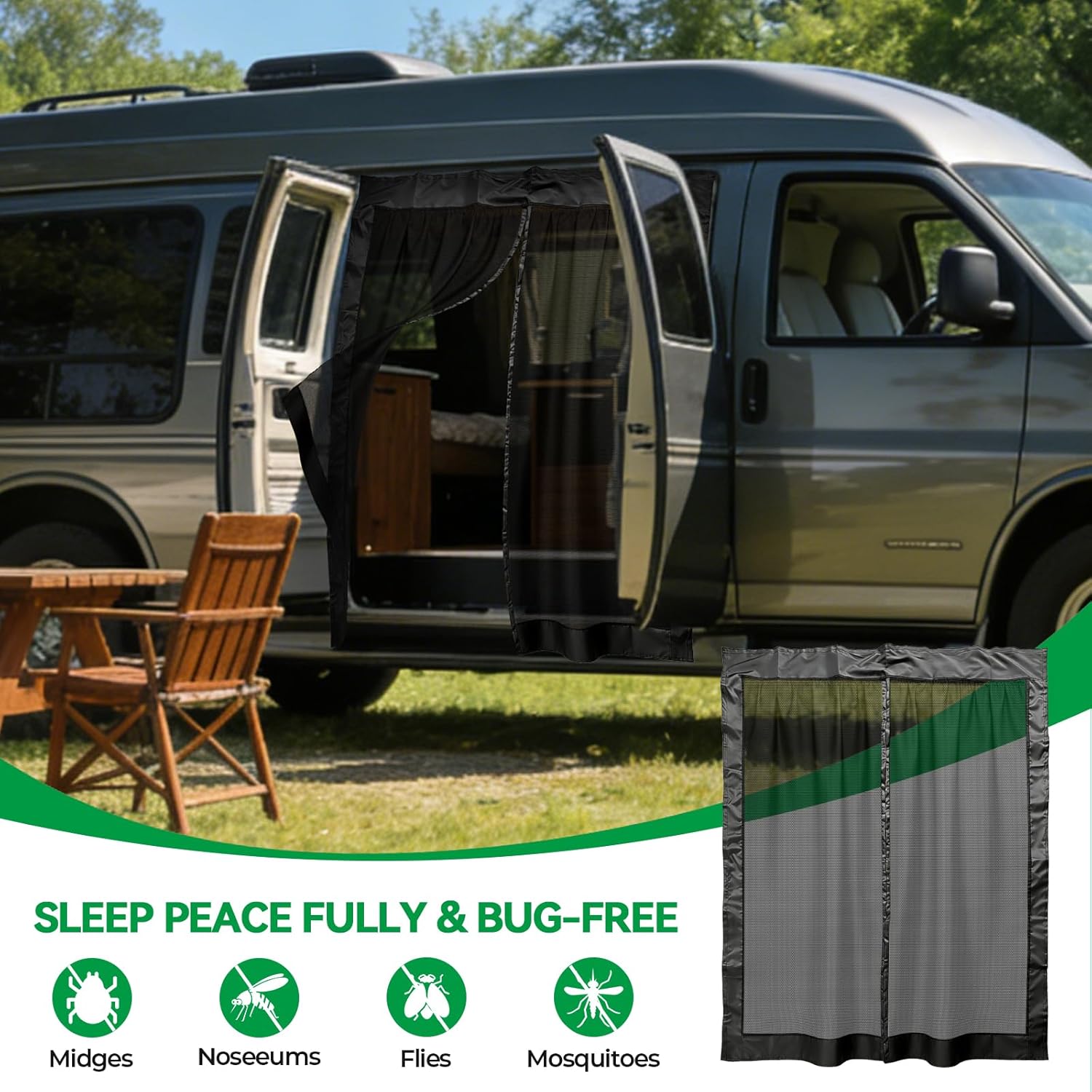 59" H x 43" W Van Bug Screen Fit for Mercedes-Benz Metris & Ford Transit Connect Sliding Door, Easy Install Insect Mesh with Center Magnetic Closure, Hook and Loop Around