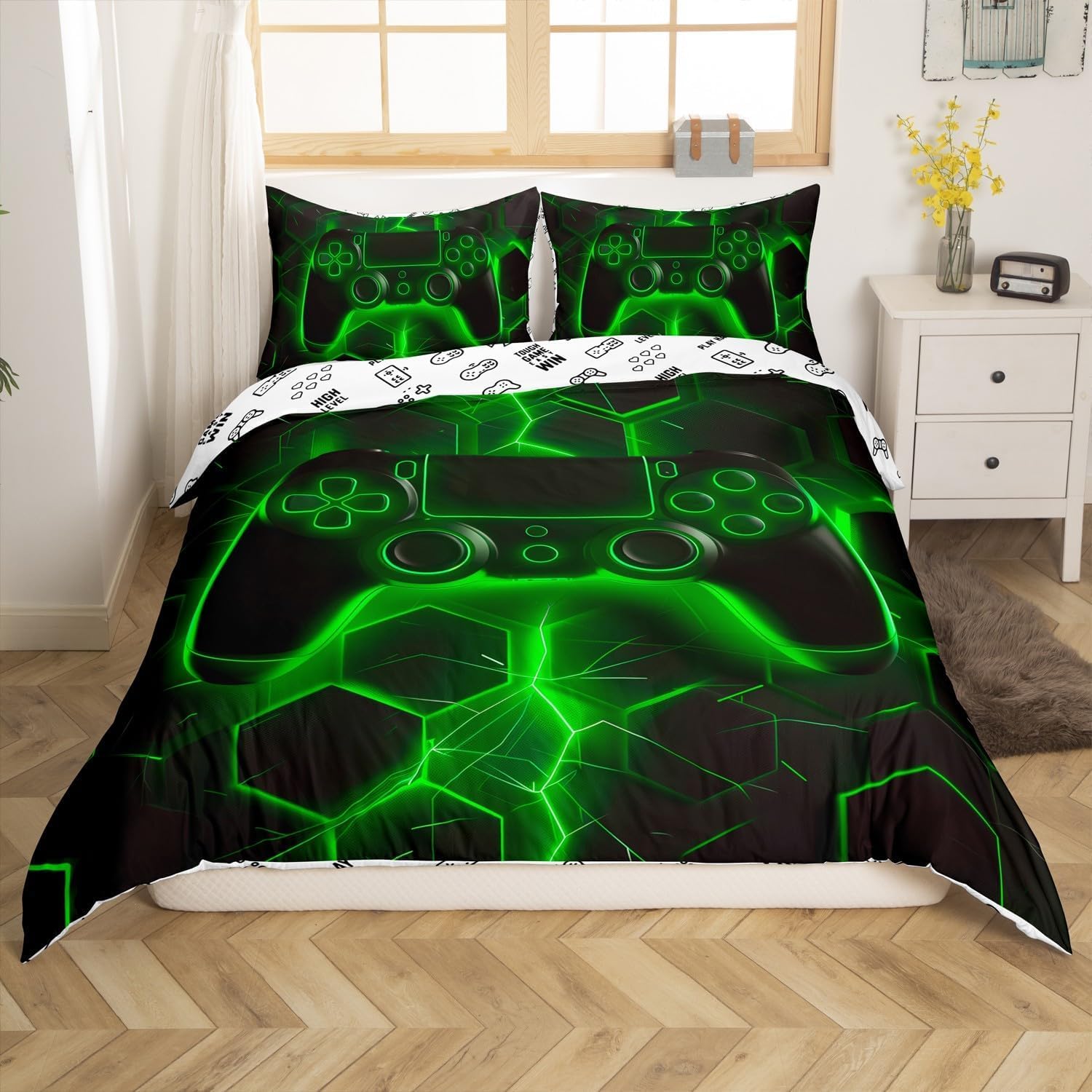 Loussiesd Gaming Duvet Cover Set Honeycomb Gamepad Bedding Set for Kids Boys Teens Tie Dye Lightnings Video Game Comforter Cover Green Gamer Quilt Cover Bedroom Collection 2Pcs Single Size - Image 2