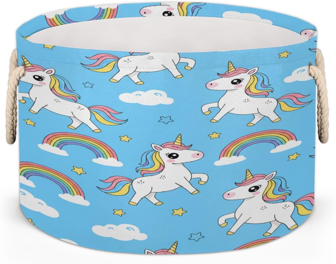 Large Storage Baskets - Rainbow Unicorn Blue Nursery Round Collapsible Organizer Bin Box, Laundry Hamper for Kids Toys, Blanket, Bedroom Living Room Home Decor, Gift Basket, 19.4"x13.3"