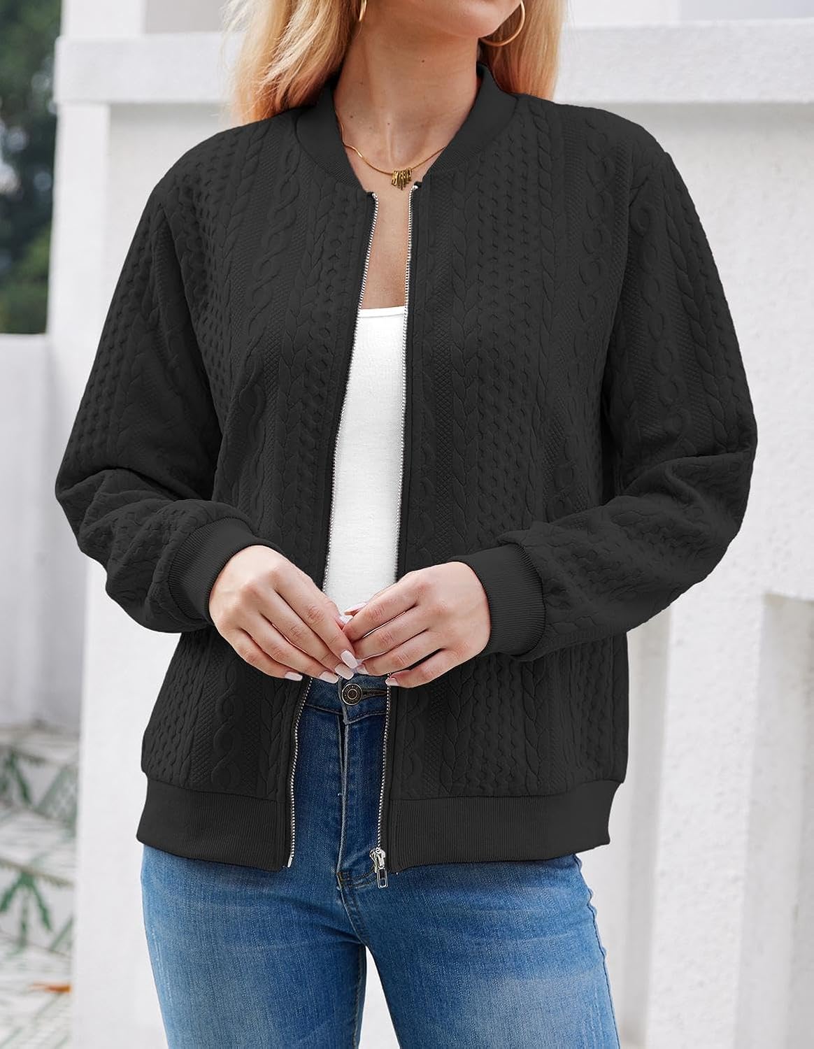 WROLEM Women's Zip Up Cardigan Sweater Cable Hoodies Long Sleeve Jacket Outfits Crewneck Casual Coat - Image 2