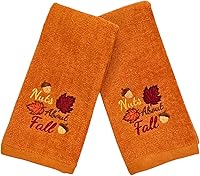 Vista 2 de Serafina Home Toallas decorativas para decoración de otoño: nueces bordadas sobre hojas de bellotas de otoño en naranja felpa, juego de 2 piezas, 11