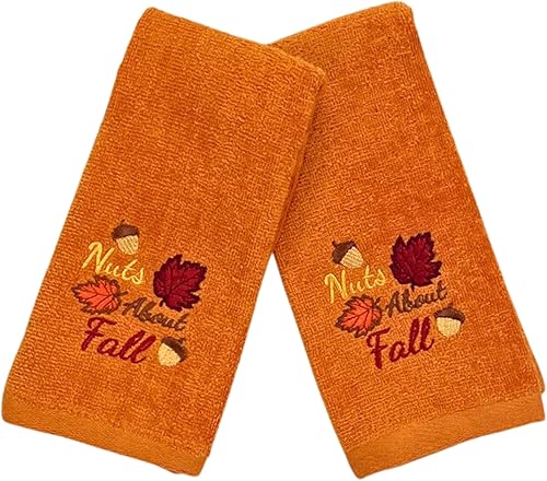 Miniatura 2 de Serafina Home Toallas decorativas para decoración de otoño nueces bordadas sobre hojas de bellotas de otoño en naranja felpa, juego de 2 piezas, 11