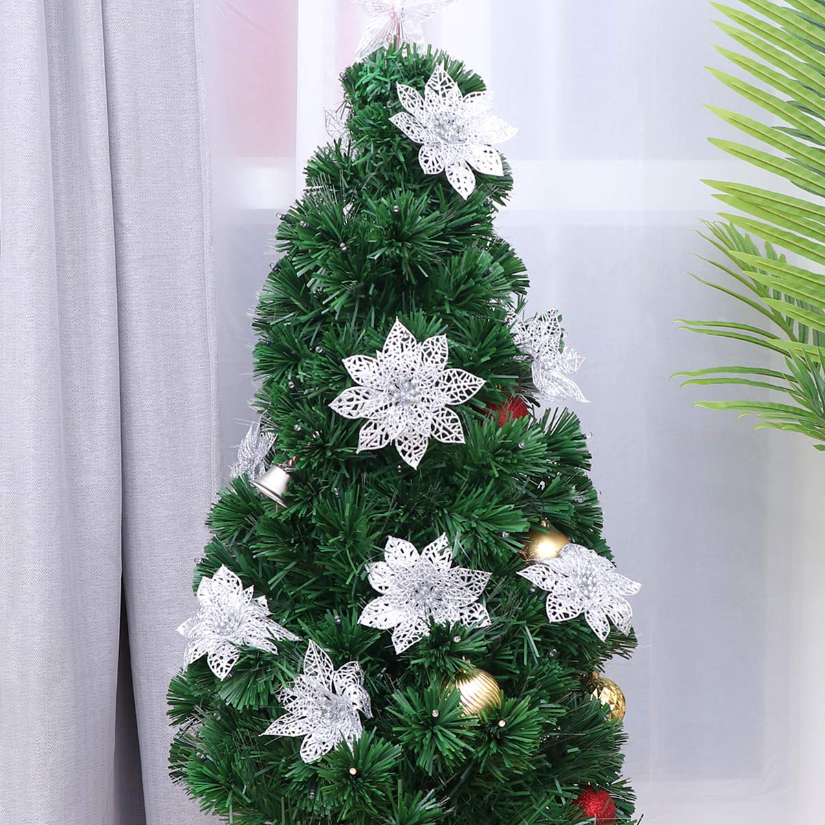 6 Pezzi * Natalizia in Oro e Plastica con Poinsettia e Foglie di Evergreen - Rami Eleganti e * * per Albero di Natale * Scale, Porta - Decorazione
