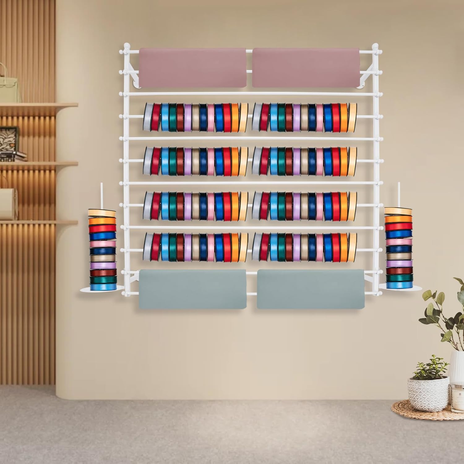 12-Layer Wall Mounted Ribbon Holder Organizer Rack,Wall Mounted Ribbon Organizer,Spool Tie Scarf Hijab Belt Towel Hanger, for Home, Craft Room, Flower Shop 47.2X47.2in(White)