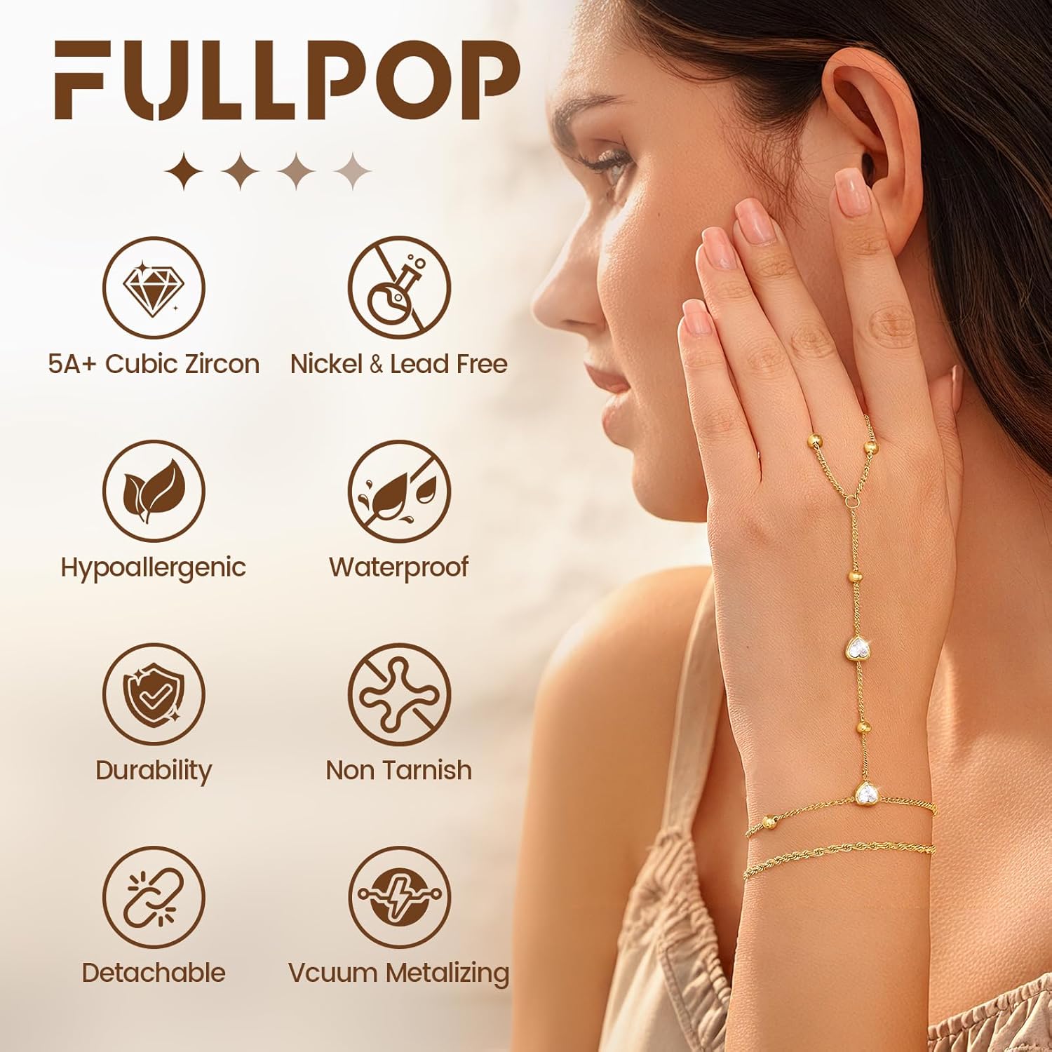 Fullpop Gold Hand Chain Bracelet for Women, Dainty 18K Gold Plated Ring Bracelet Hands Chain Stackable Bracelets for Women CZ Heart Pendant Beaded Hand Bracelets for Women Non Tarnish Jewelry for Her - Image 4