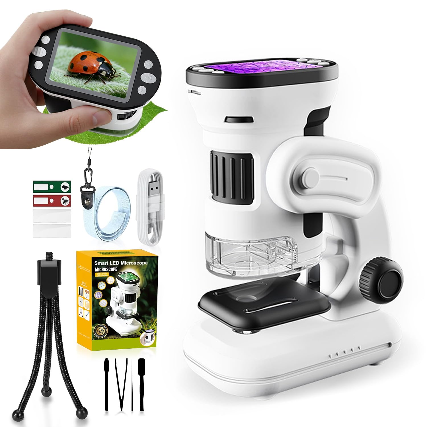 Microscope Enfant pour Enfants Écran 2,0 Pouces Et Nombreux Accessoires | Convient Pour Une Utilisation à La Main Ou Sur Un Bureau,Conçu Pour Les Enfants Âgés De 6 Ans Et Plus