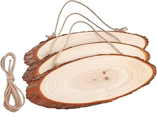 FEZZIA Natural Wood Slices 13.8-15.7 inches 3Pcs Unfinished Oval Shaped Wooden Slices with Rope for Street Sign Billboard ...