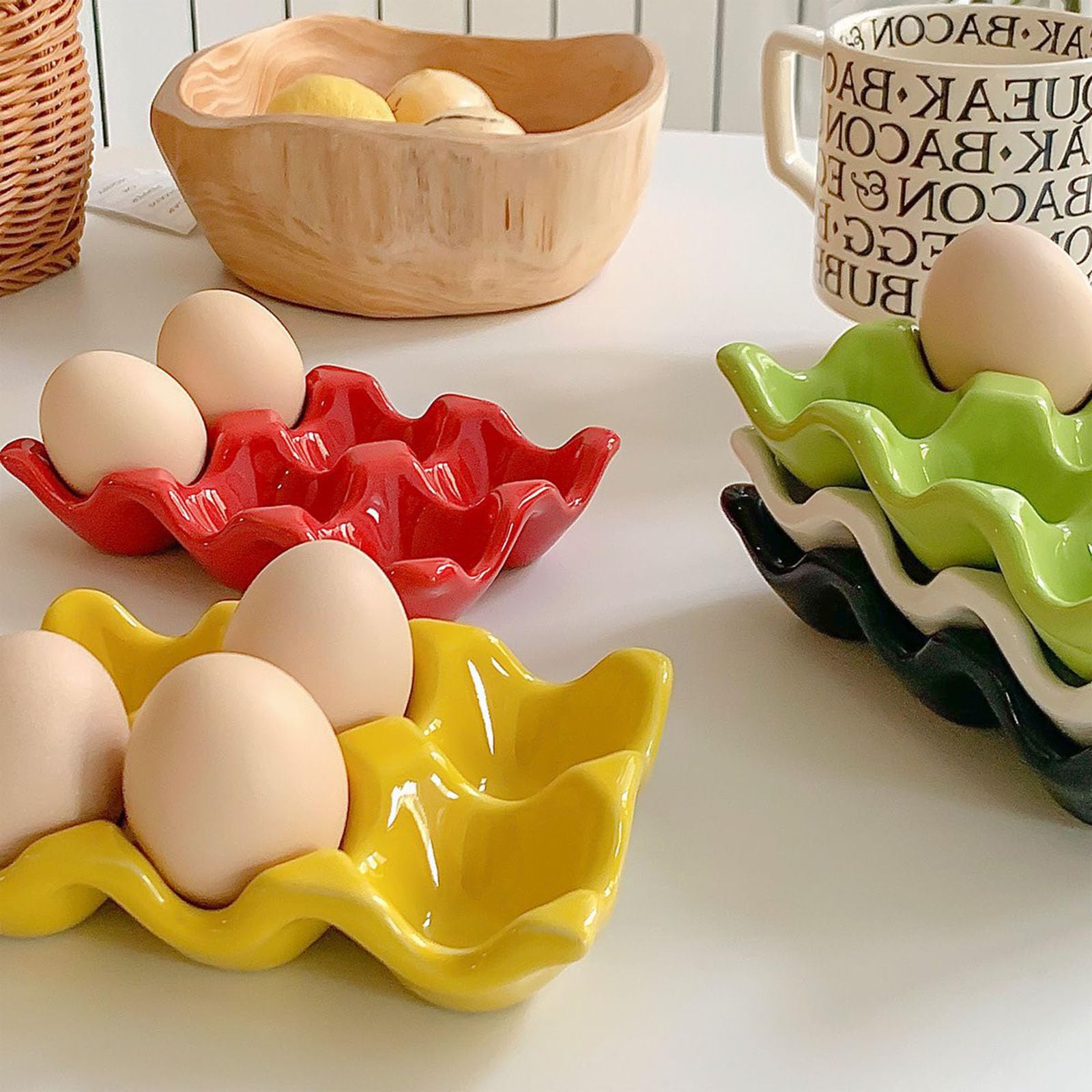 Plateau à œufs Céramique 6 Places - Bleu - Rangement Réfrigérateur Ou Comptoir - Design Moderne