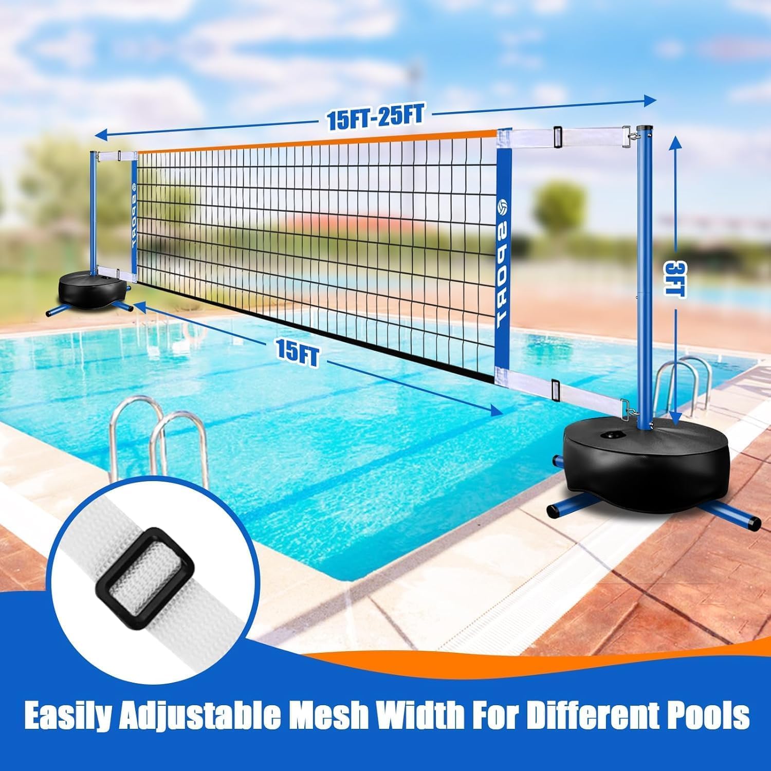 HoldOneLight Red de Vóley de Piscina Portátil, Sistema Ajustable de 15 a 25 Pies con Base Resistente y 2 Balones de Vóley Acuáticos, Uso Interior y Exterior, Compatible con Pickleball y Tenis