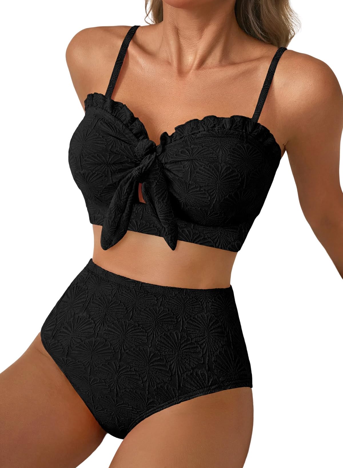 Dokotoo Bikini Damen Set Push Up Sexy Knoten Bikinis High Waist Bauchweg Muschel Textur Bademode Zweiteiliger Badeanzug S-XXL
