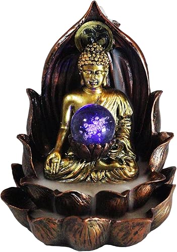 Ebros Meditating Buddha Gautama Amitabha in Varada Mudra in Ohm Lotus Padma Trono Cono de reflujo Quemador de incienso con luz LED colorida Estatua