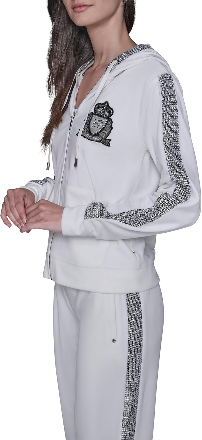 KARL LAGERFELD womens Long Sleeve Athleisure Varsity Patch Velour Jacket - Image 5
