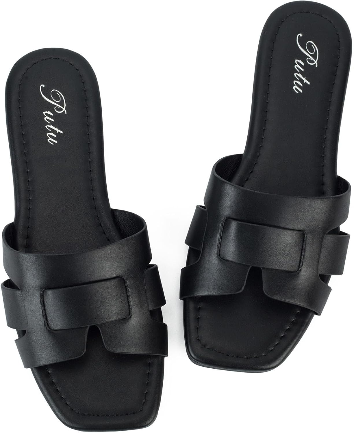 Putu Women’s Flat Sandals Dressy Summer Sandals Strappy Slides with Square Open Toe