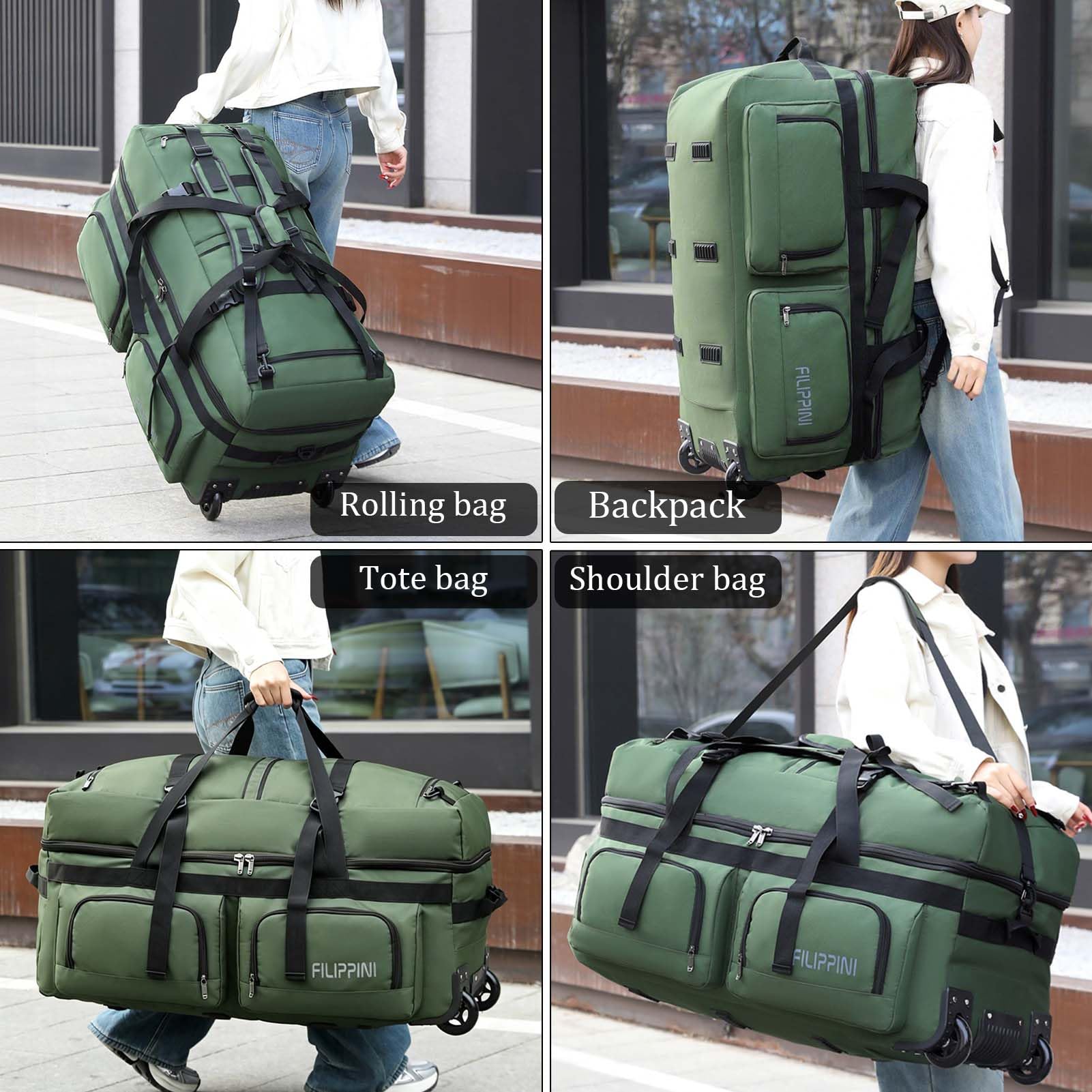 80L Bolsa de Viaje con Ruedas Grande Mochila Gimnasio Gym Fitness Bolsa de Lona Plegable Bolso de Deporte al Aire Libre Trekking Impermeable Mochila Wheeled Travel Bag (Verde)