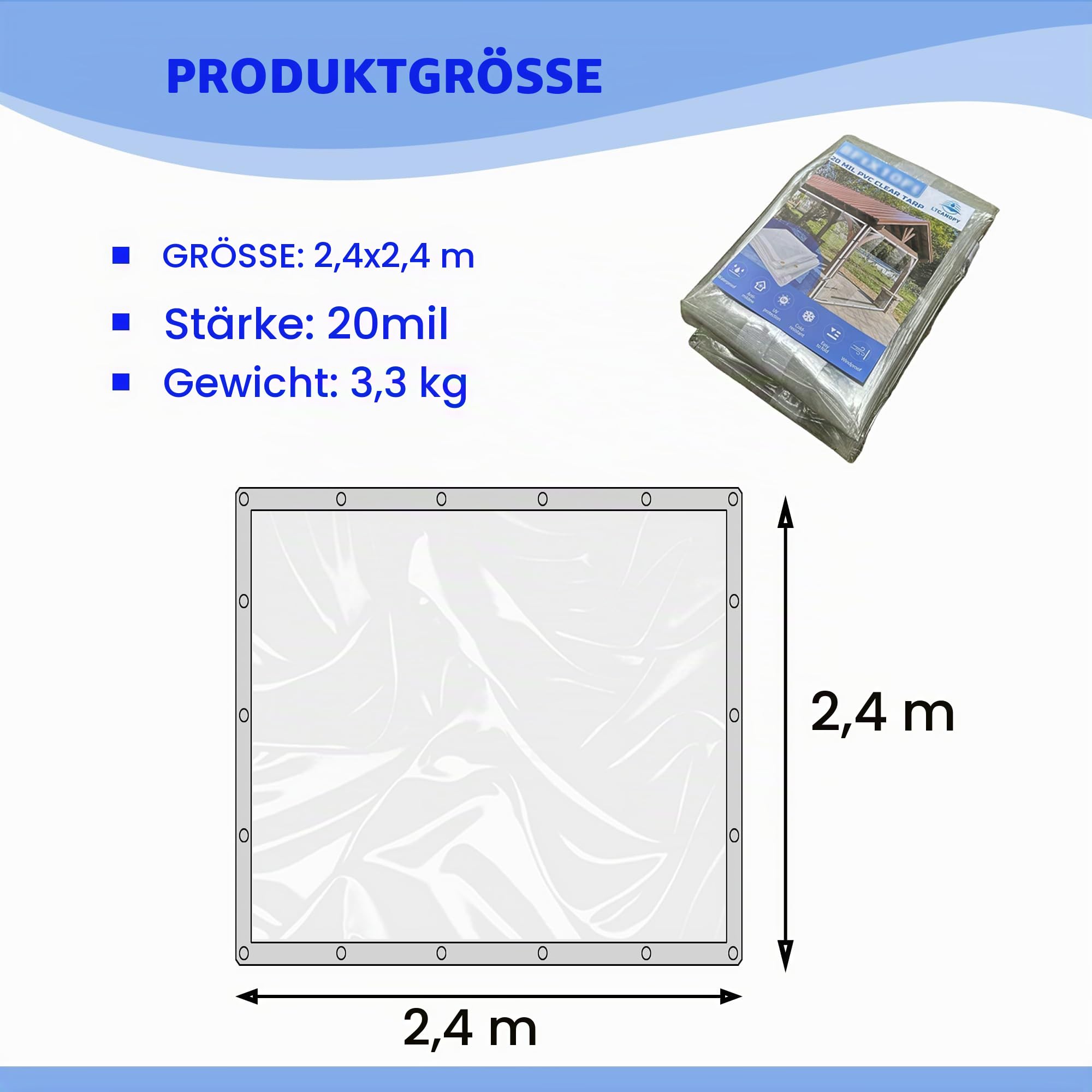 Abdeckplane Wasserdicht 2,44 x 2,44 m, 500 g/㎡ PVC Transparente wasserdichte Plane, Reißfest und UV-Beständig, Transparente Plane mit Ösen Kann Im Garten Verwendet Werden