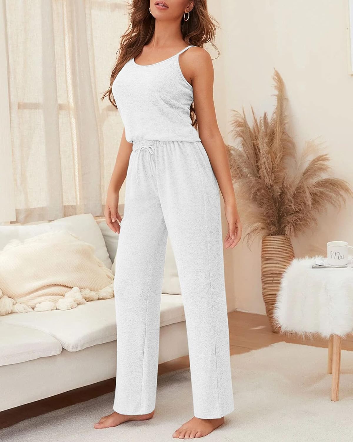 Fessceruna Womens 3 Piece Pajama Set Cami Tank Top Wide Leg Pants and Cardigan Loungewear Lounge Sets - Image 2