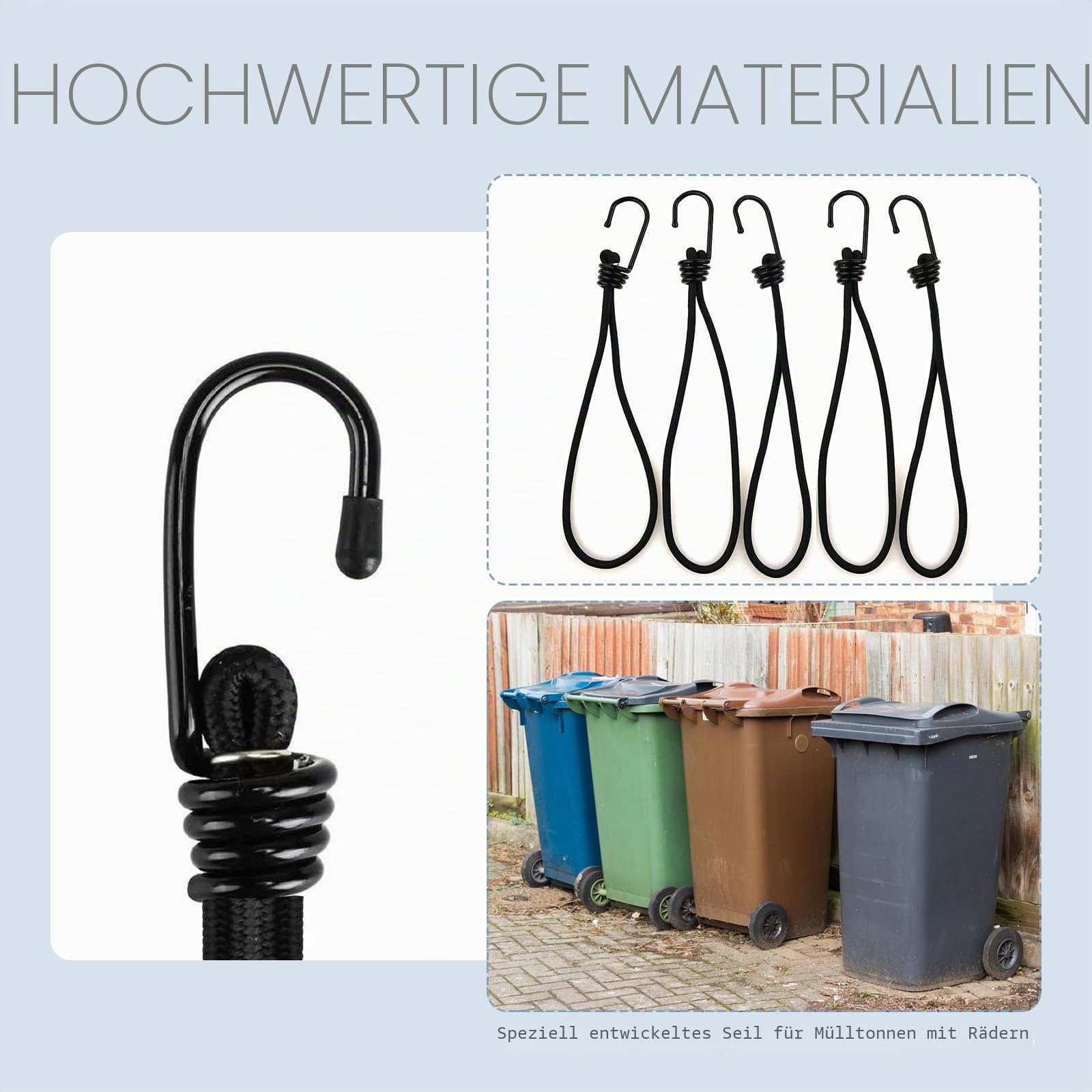 5 Stück Mülltonnenschlösser, 55 cm, schwarz, universal, strapazierfähig, Mülltonnendeckelriemen, Bungee-Seile mit Haken für starken Wind, Sturm, verhindern Tierkramen und Verschütten