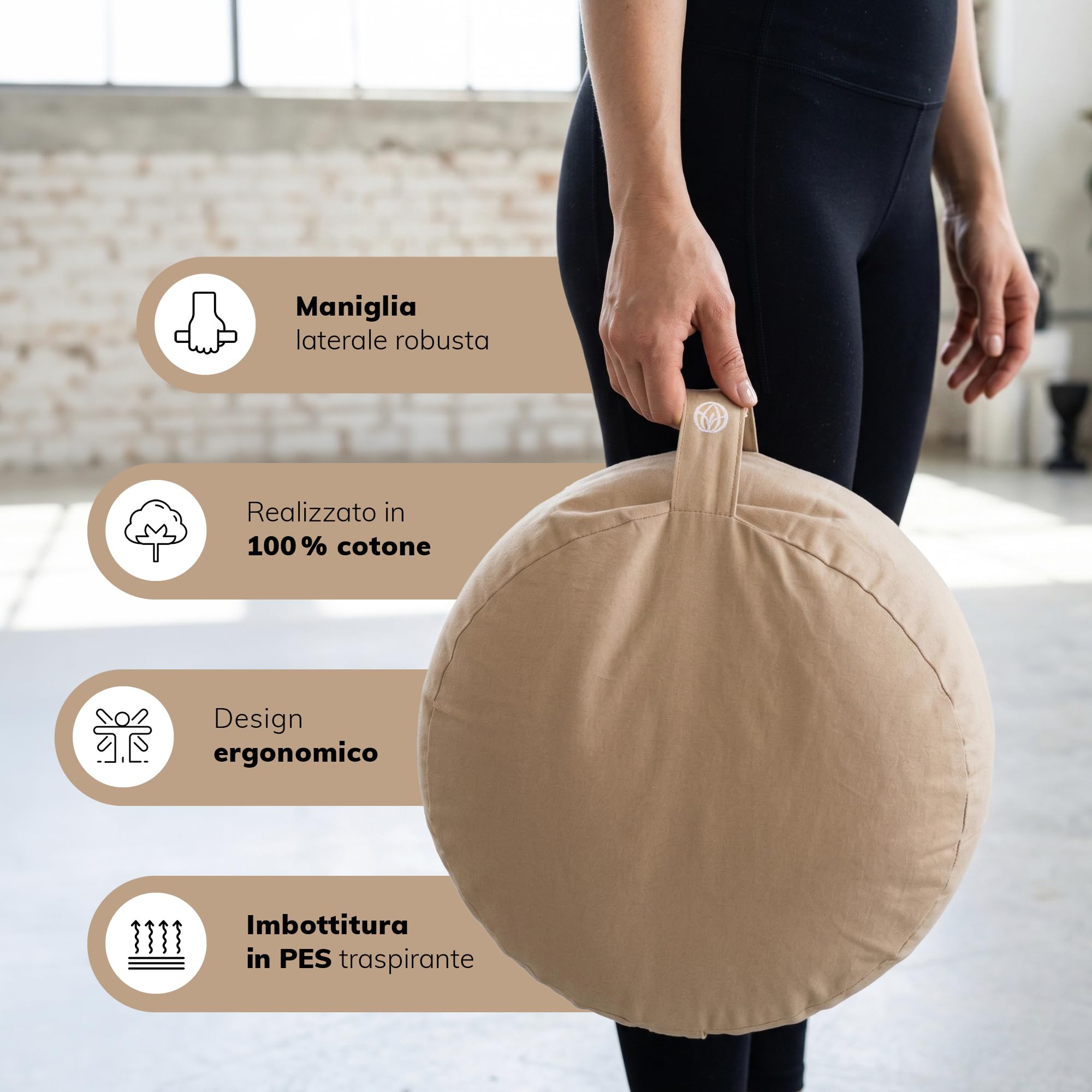 MYLILY Cuscino Yoga Meditazione – cuscino yoga rotondo Ø 29 cm – 10 cm piatto & 255 g leggero – cuscino pavimento con fodera cotone lavabile – vegano – Beige