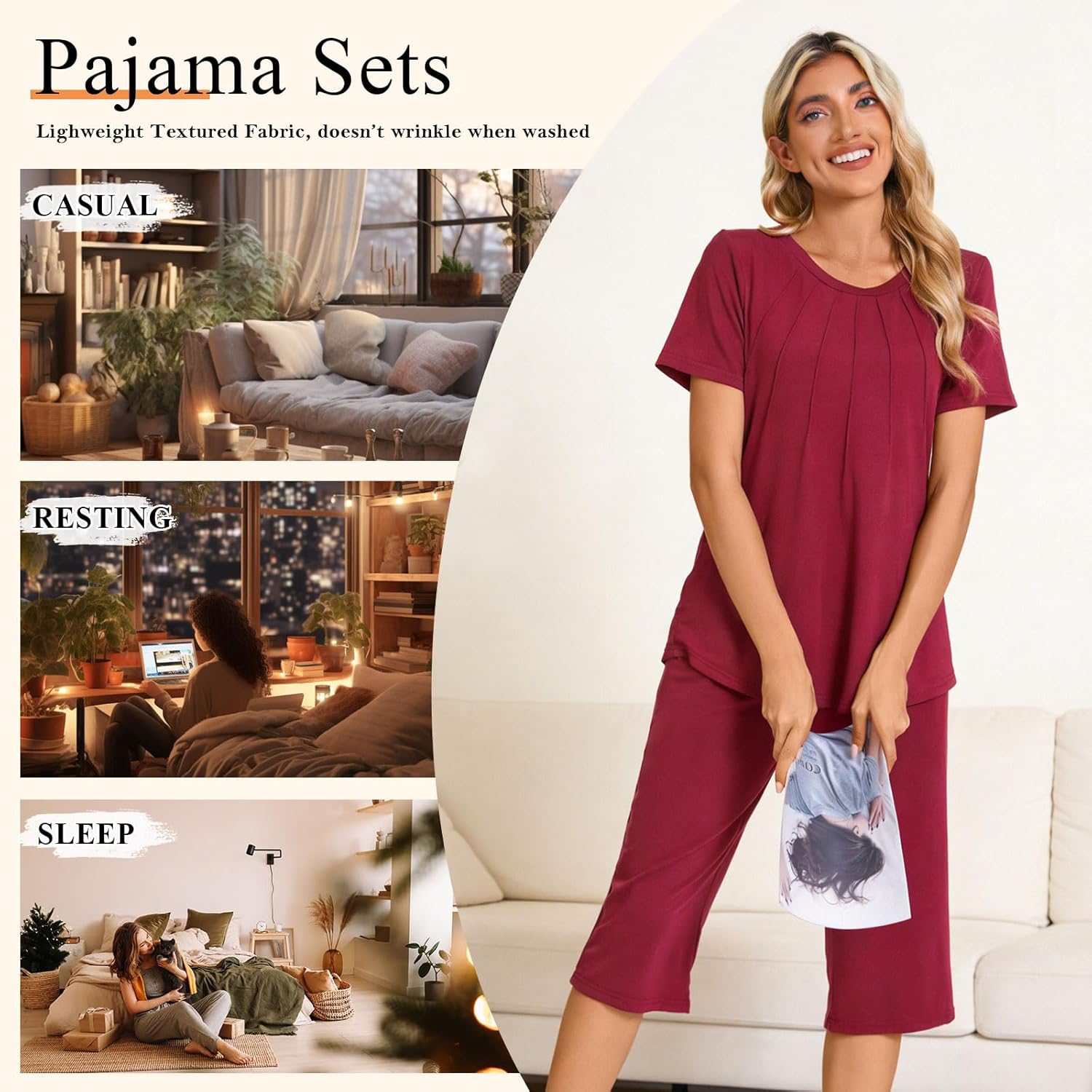Womens Summer 2 Piece Pajama Sets 2026 Casual Loungewear Short Sleeve Sleepwear with Pockets - Image 5