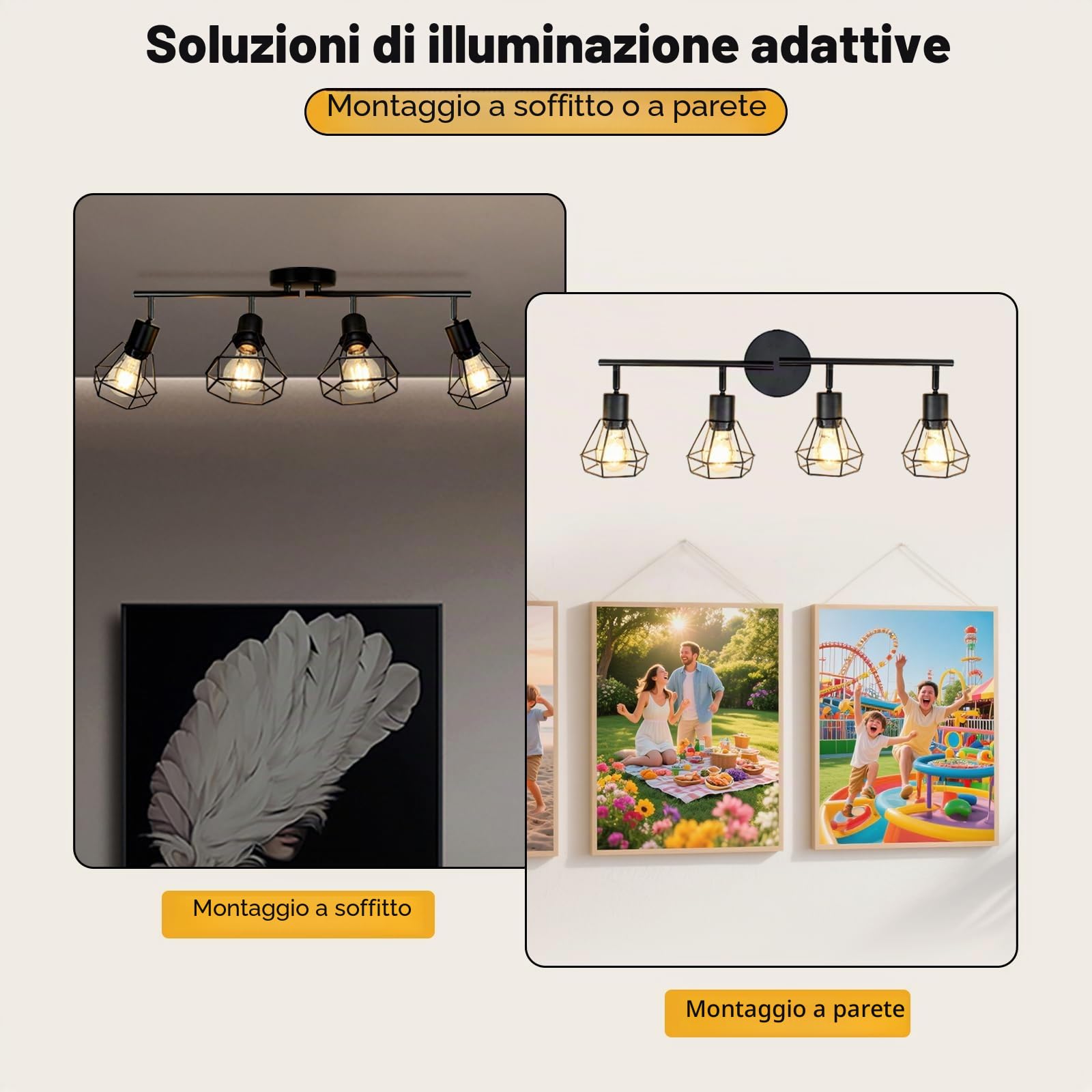 Plafoniera Faretti, 4 faretti da soffitto a Led Interni Base E27, plafoniera girevole a 350° LED, plafoniera, lampada da soffitto per camera da letto, corridoio, max 60 W (senza lampadina)