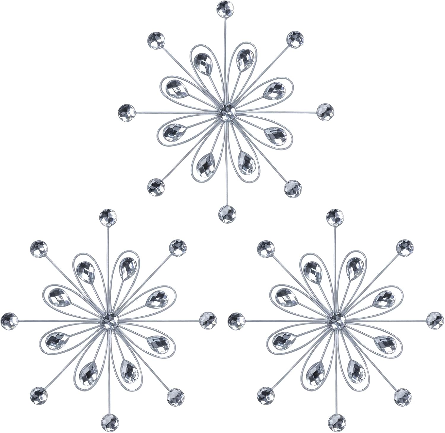 hogardeck Metal Flower Wall Decor, 3pcs 9" Silver Metal Jeweled Wall Art Bling Crystal Home Décor, Sun Burst Rhinestone Hanging Diamond Accents for for Indoor, Outdoor, Living Room, Bedroom